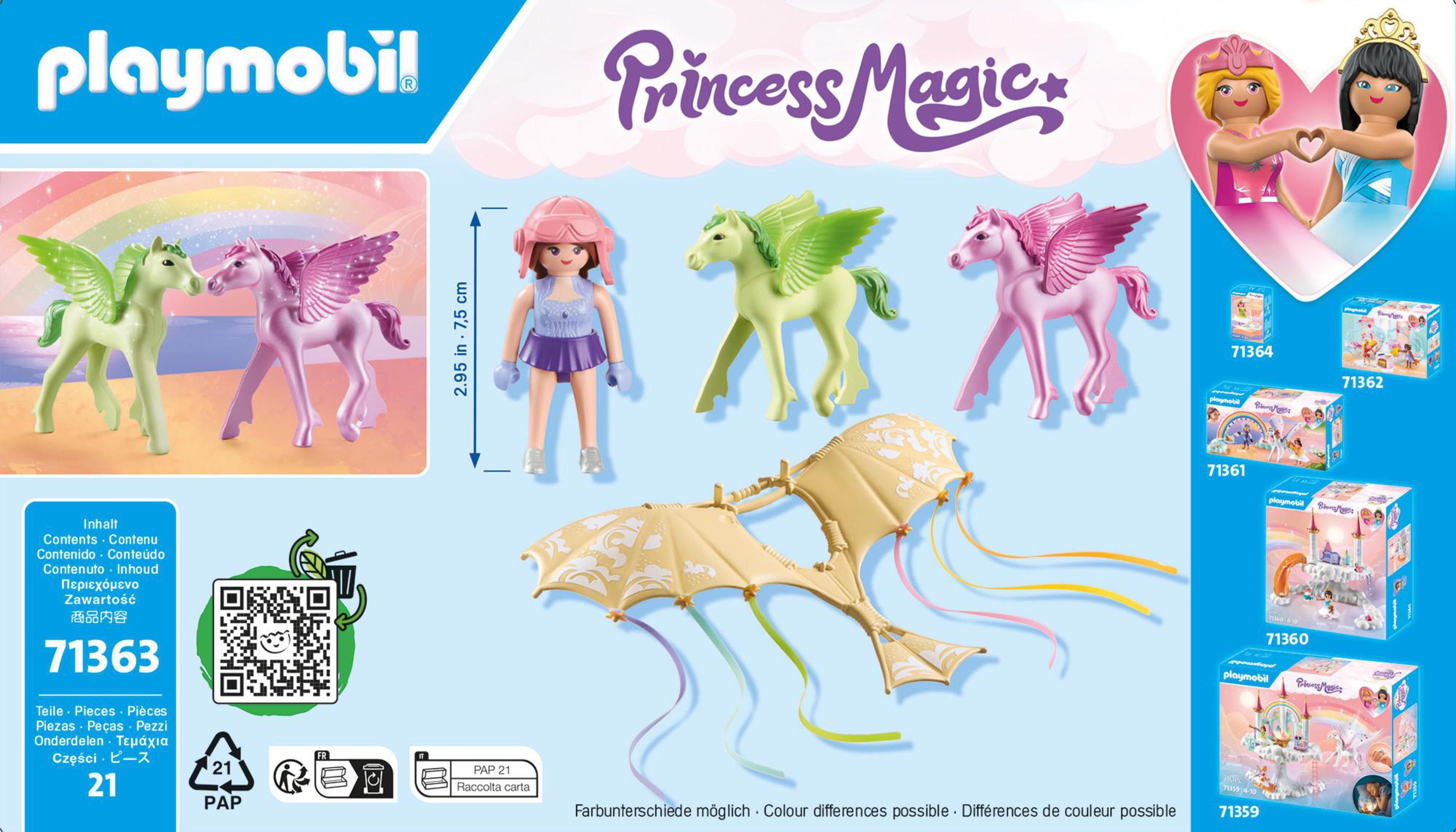Playmobil-Set mit Pegasus-Figuren, einer Mädchenfigur und anderem Zubehör.