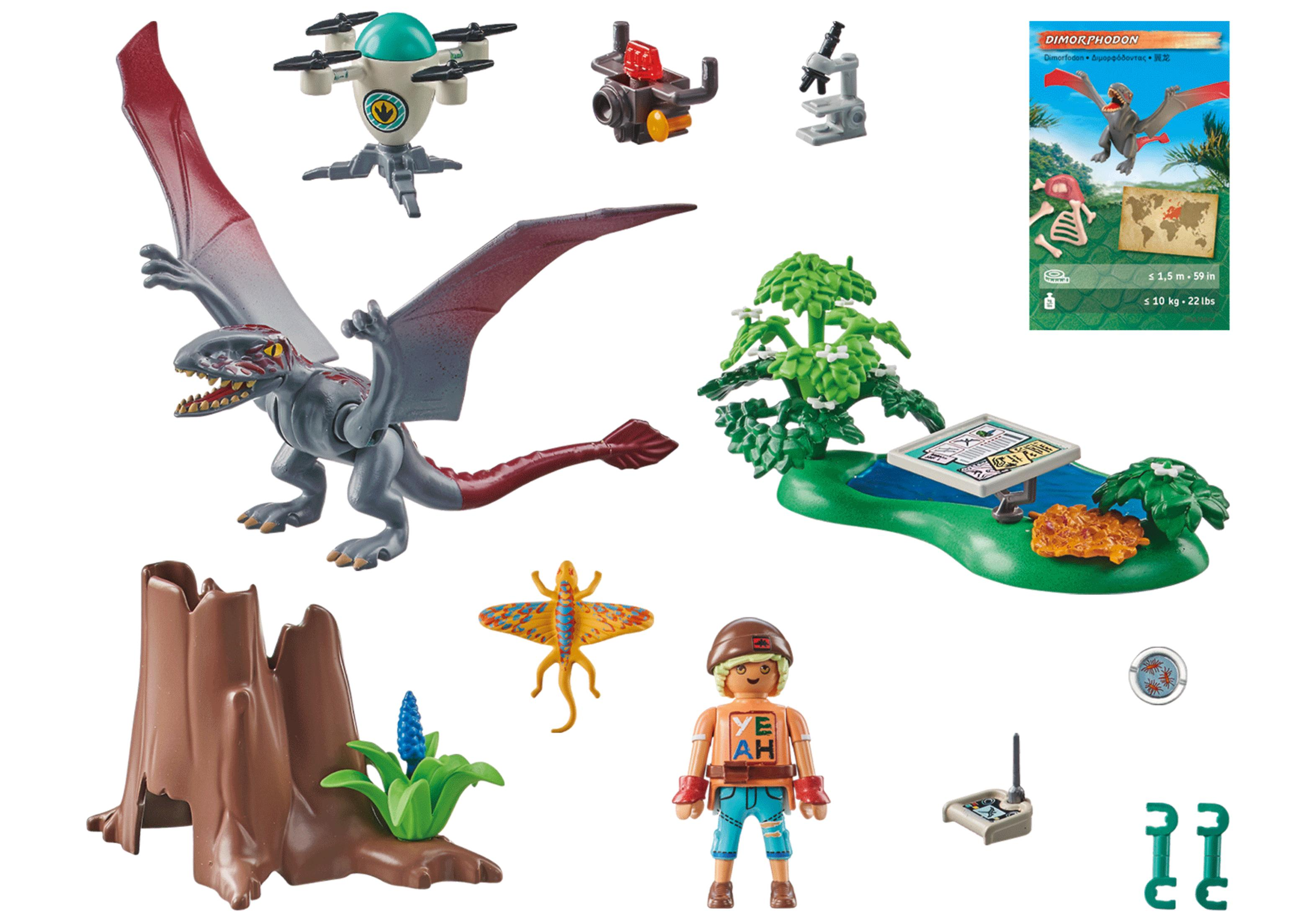 Un set di dinosauri Playmobil con un dinosauro, un drone e uno scienziato.