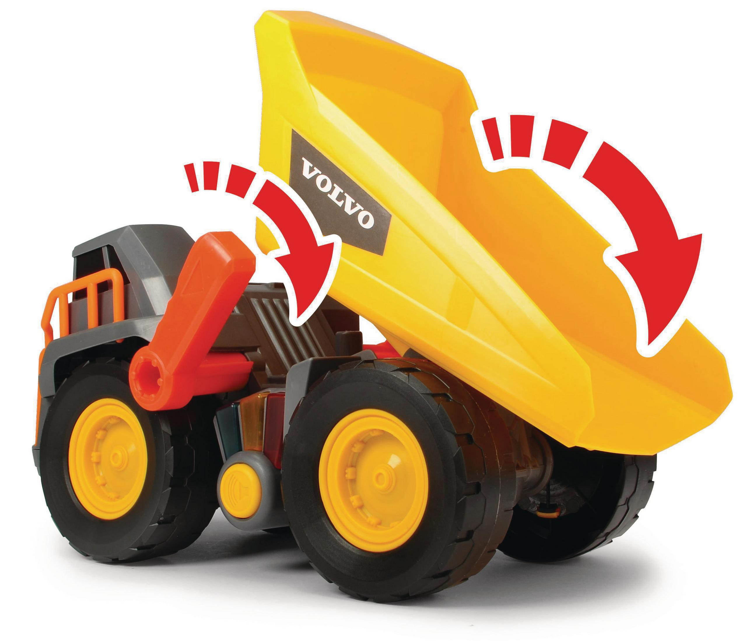 Zabawkowy wózek wywrotka Volvo z żółtą skrzynią. Strzałki pokazują ruch.