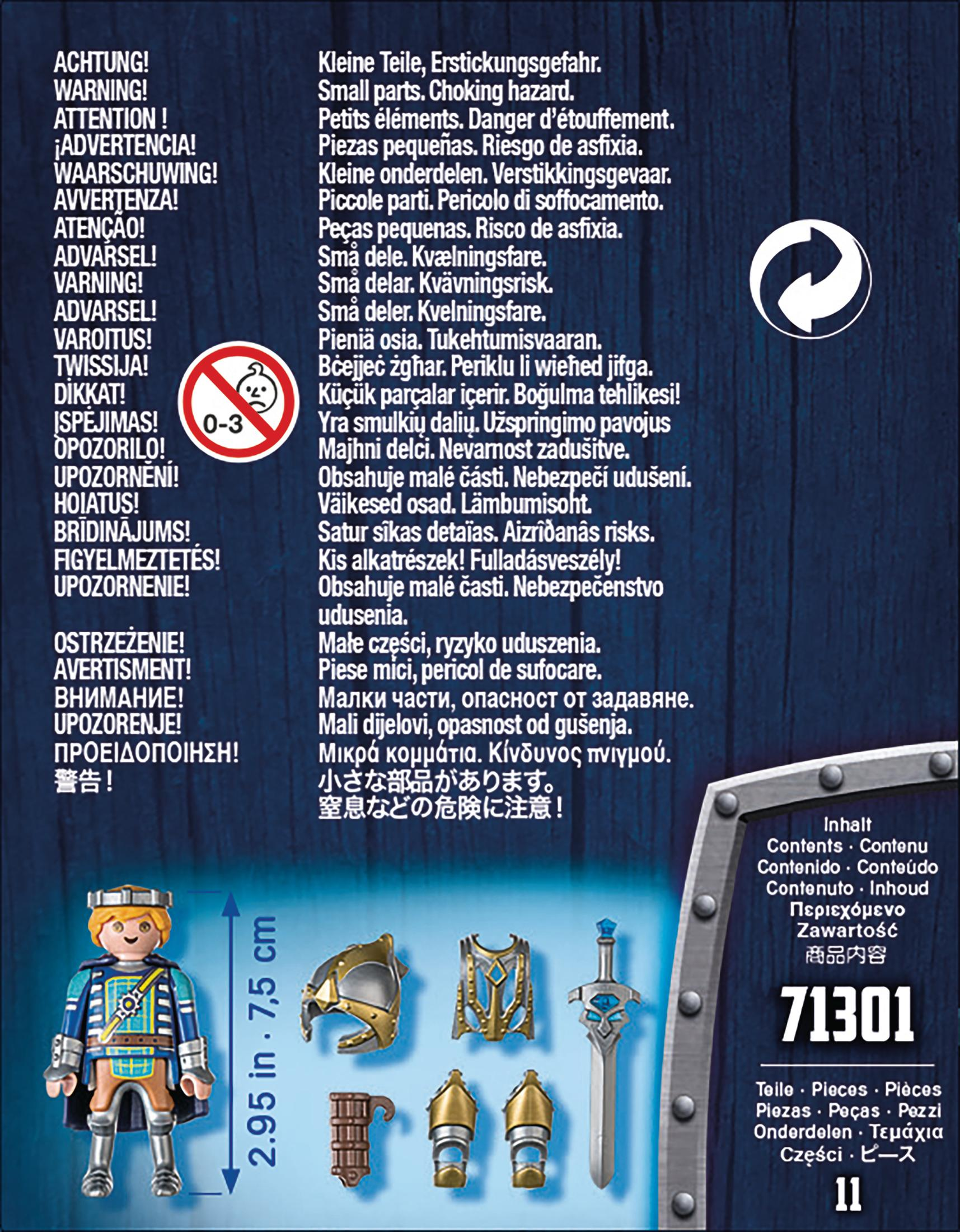 Eine Playmobil-Box mit Ritterfigur und Zubehör. Text in mehreren Sprachen vorhanden. Achtung: Kleinteile.