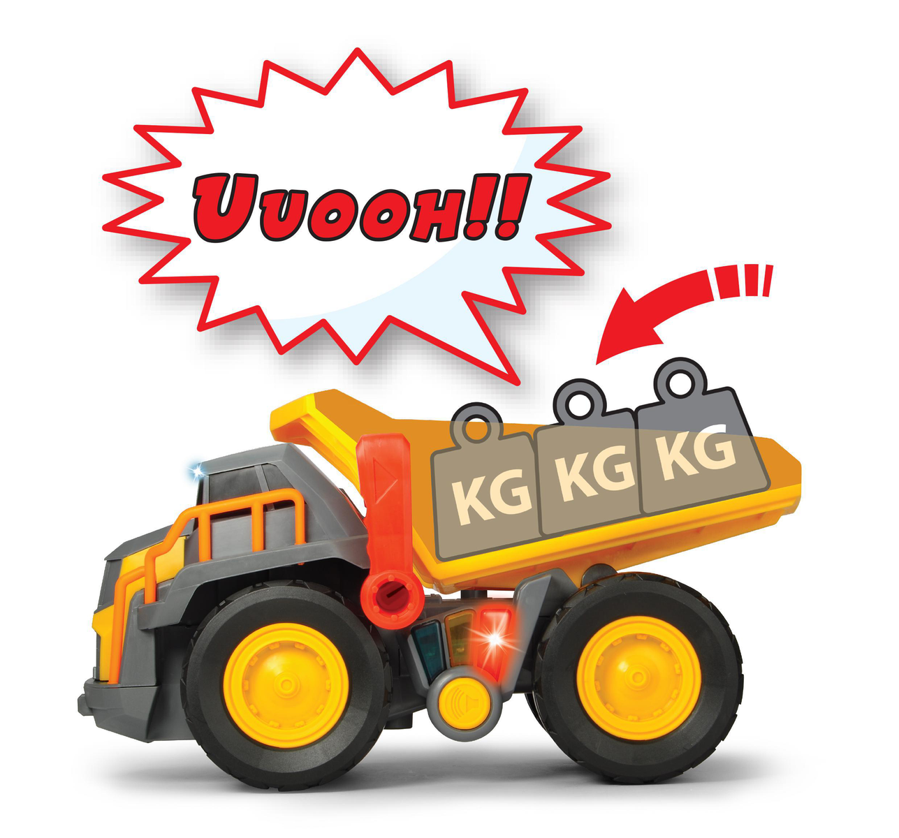 Żółta zabawka wywrotka z ciężarkami z tyłu. Dymek mówi "Uuoooh!!".