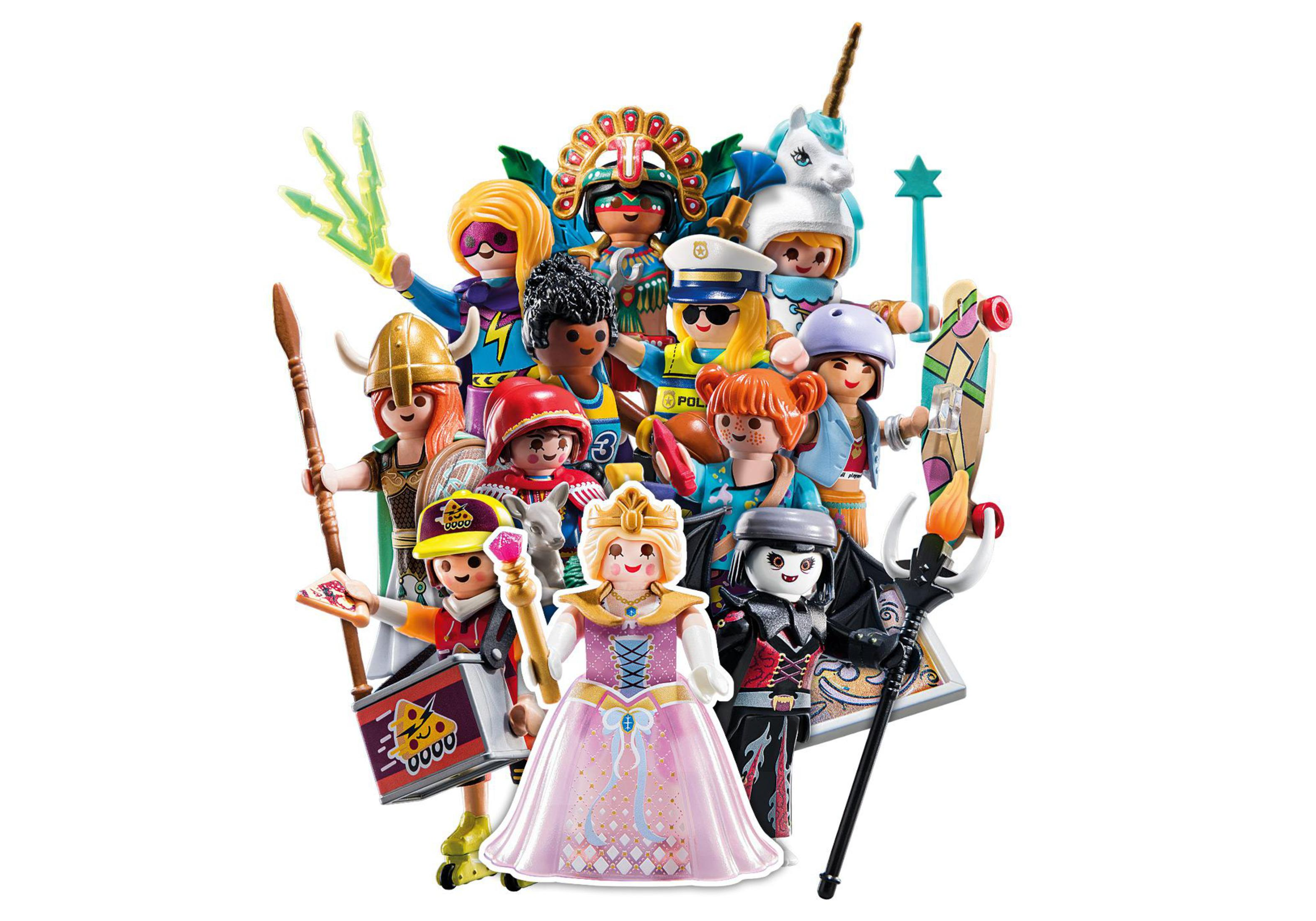 Un gruppo di personaggi Playmobil, diversi nei costumi, tra cui una principessa e un vampiro.