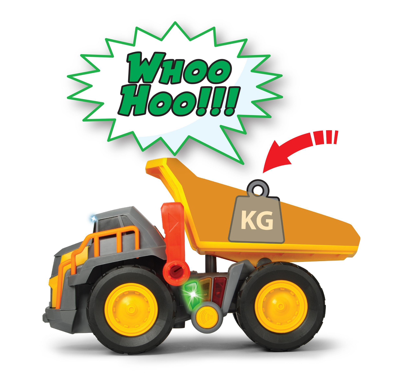 Zabawkowy wywrotka z dymkiem z napisem 'Whoo Hoo!!!' i czerwoną strzałką do przyczepy.