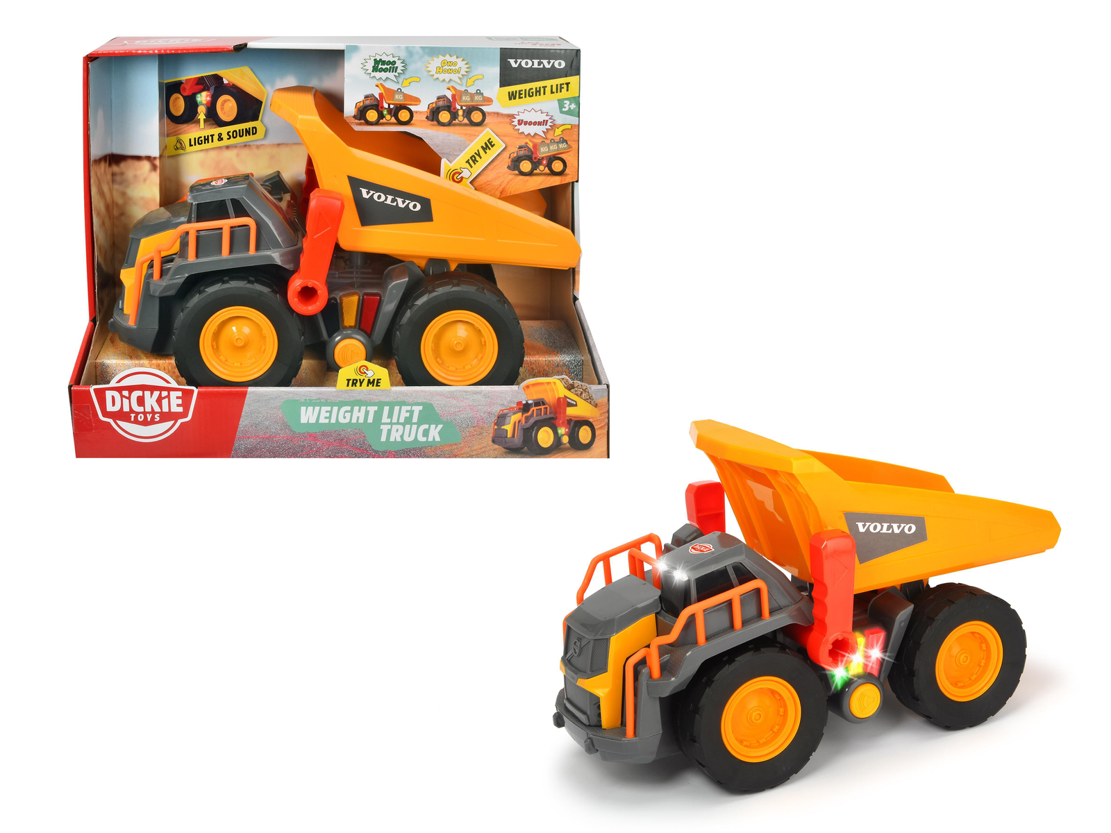 Zabawkowy wózek Volvo z przyczepą, opakowaniem.