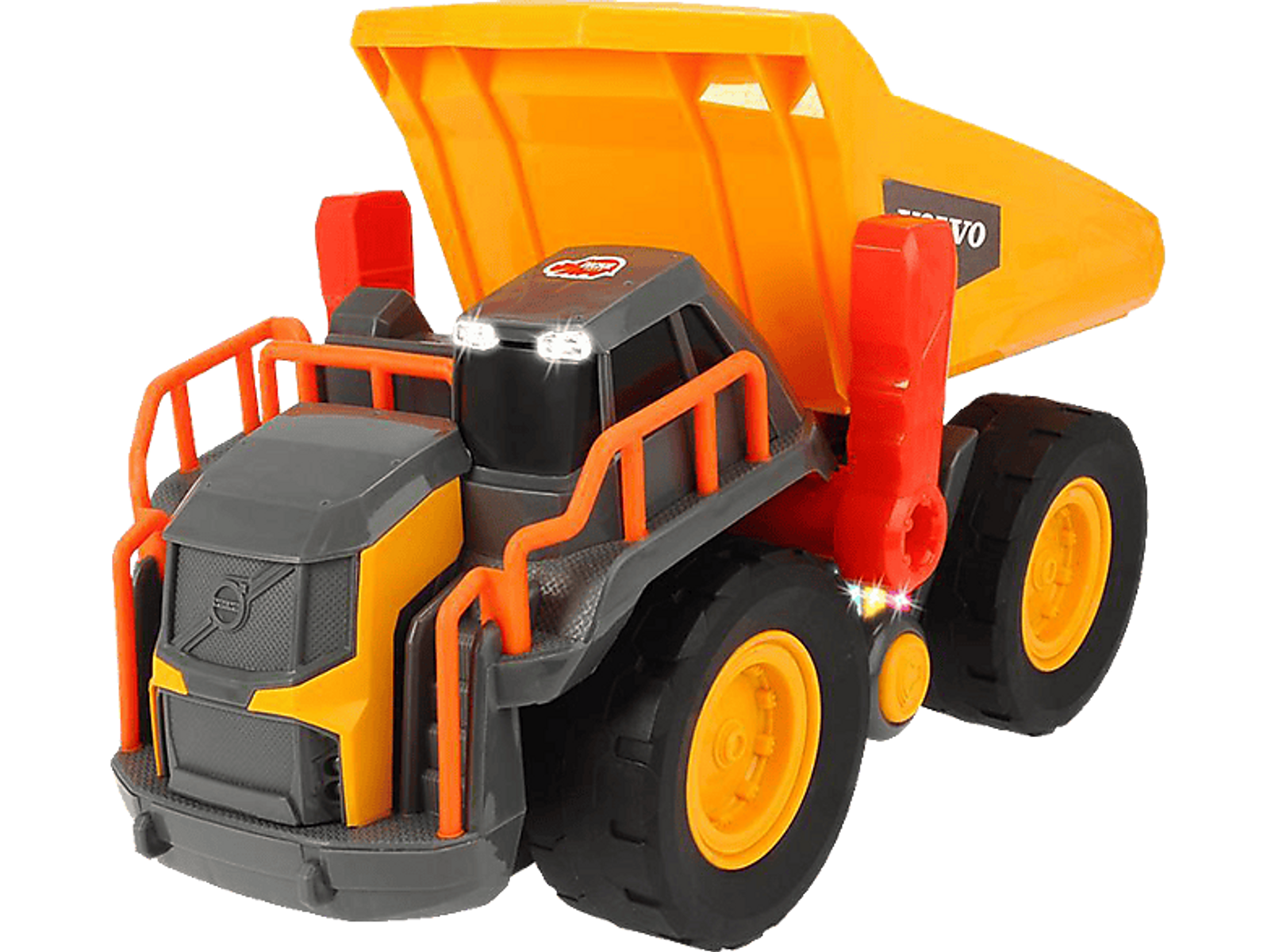 Zabawkowy wywrotka, pomarańczowy i szary, ze światłami i logo Volvo. Skrzynia ładunkowa jest podniesiona.