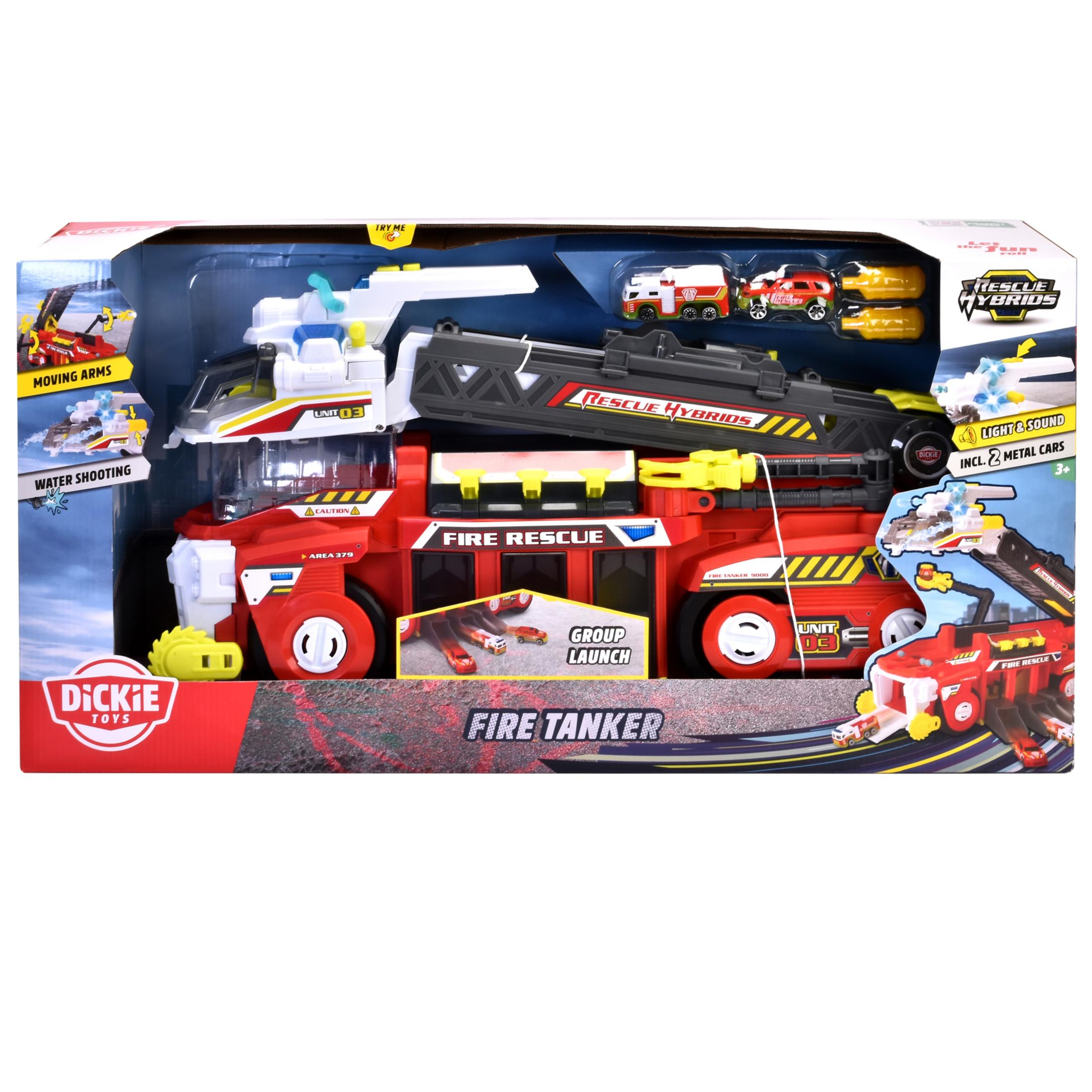 Ein Spielzeug-Feuerwehrauto in einer Box, mit einem Feuerwehrauto und einem kleineren Auto, mit Text.