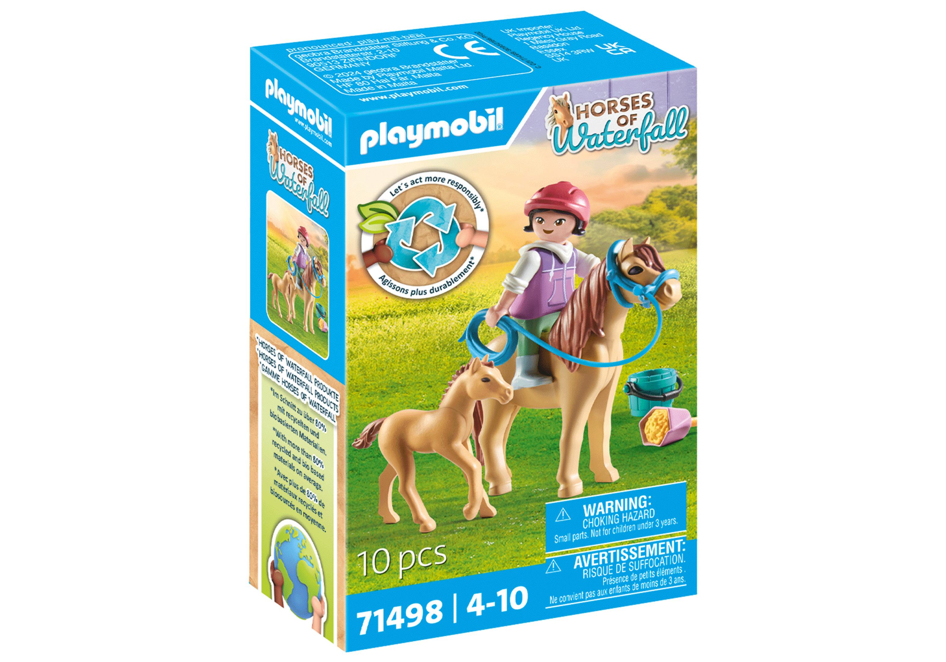 Scatola del playset Playmobil Horses of Waterfall con una ragazza che monta un cavallo.