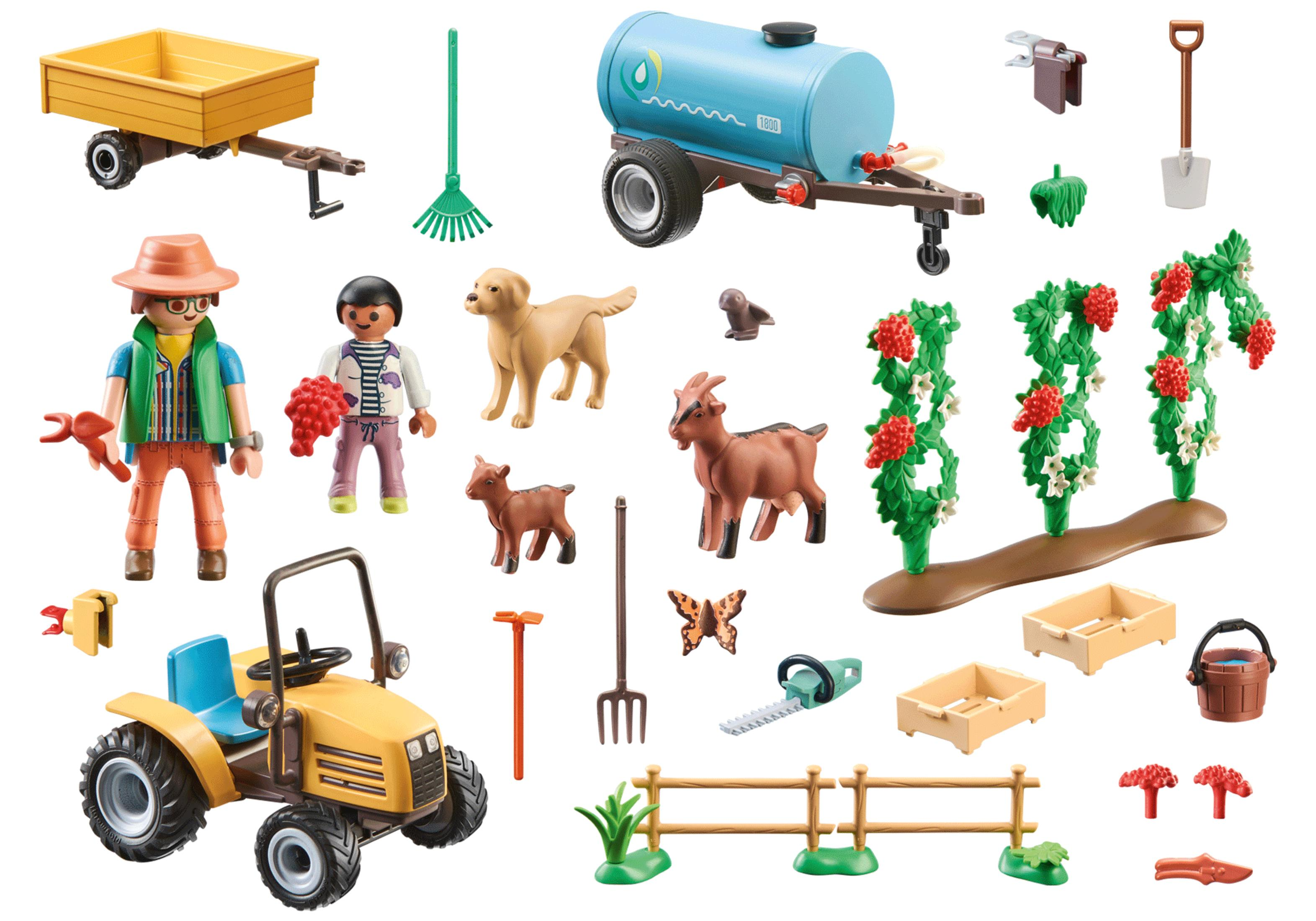 Set fattoria giocattolo: trattore, figure di agricoltori, animali, attrezzi e piante.