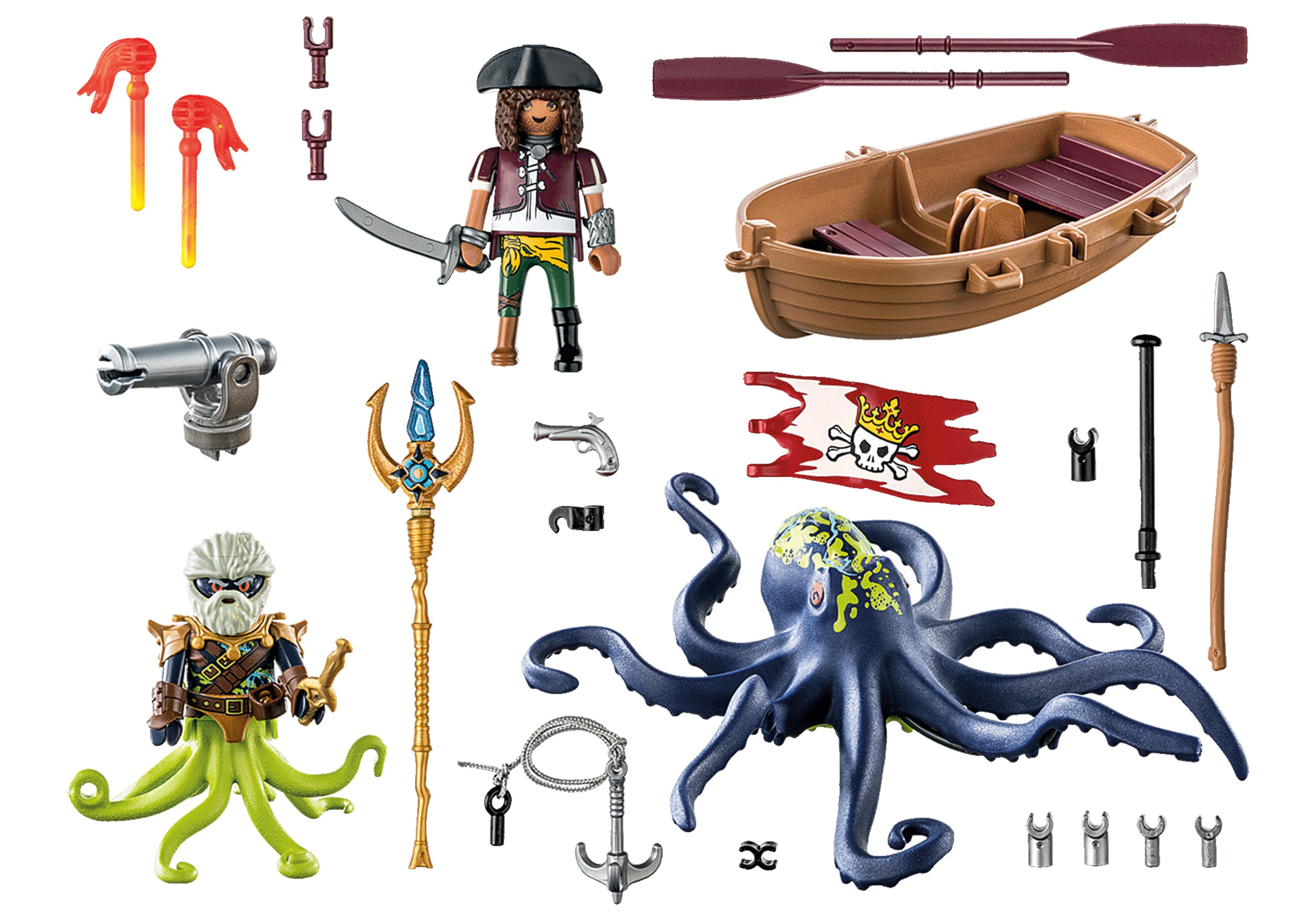 Ein Piraten-Spielzeugset mit Figuren, einem Boot, Waffen und einem Oktopus.