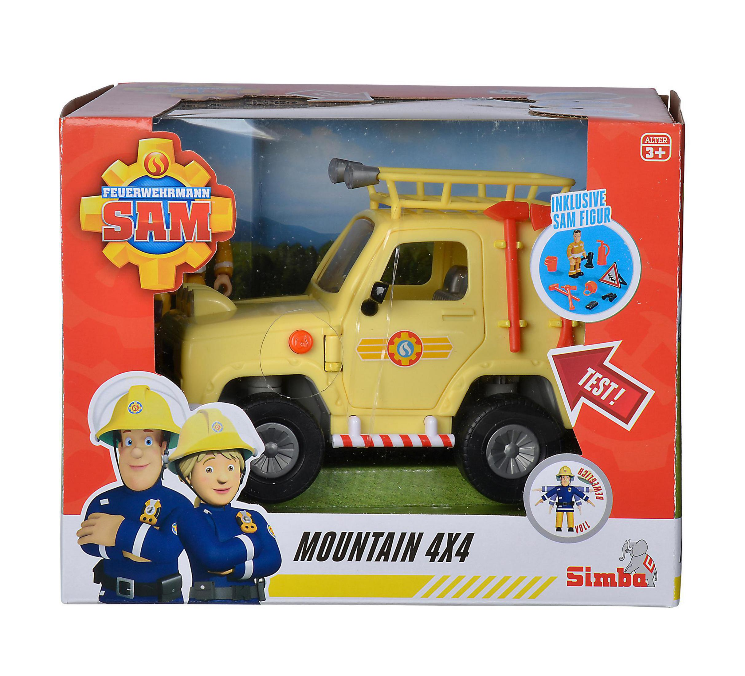 Spielzeug-Feuerwehrwagen mit zwei Figuren. Enthält die Worte Feuerwehrmann Sam und Mountain 4x4.