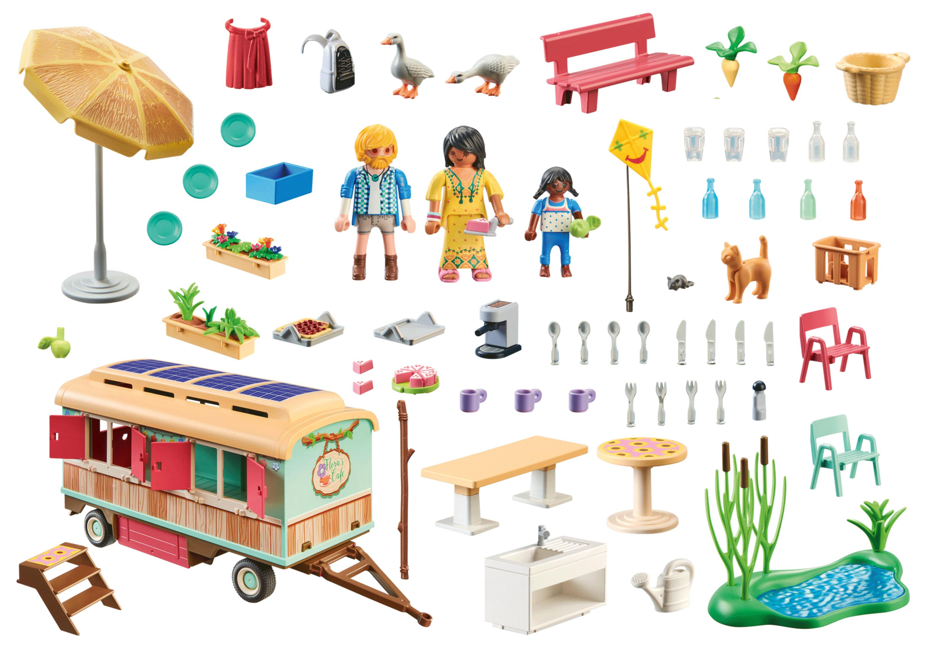 Set Playmobil: personaggi, un carro e accessori. Include una scena picnic con cibo, giocattoli e personaggi.