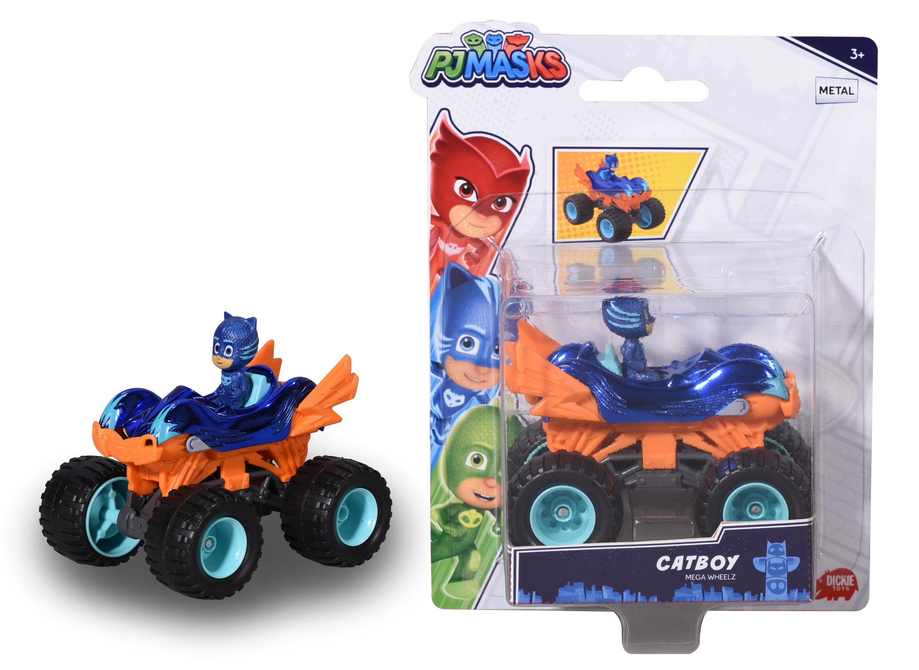 PJ Masks Catboy Mega Wheelz Spielzeugauto in und aus der Verpackung. Mit blauen und orangefarbenen Farben.