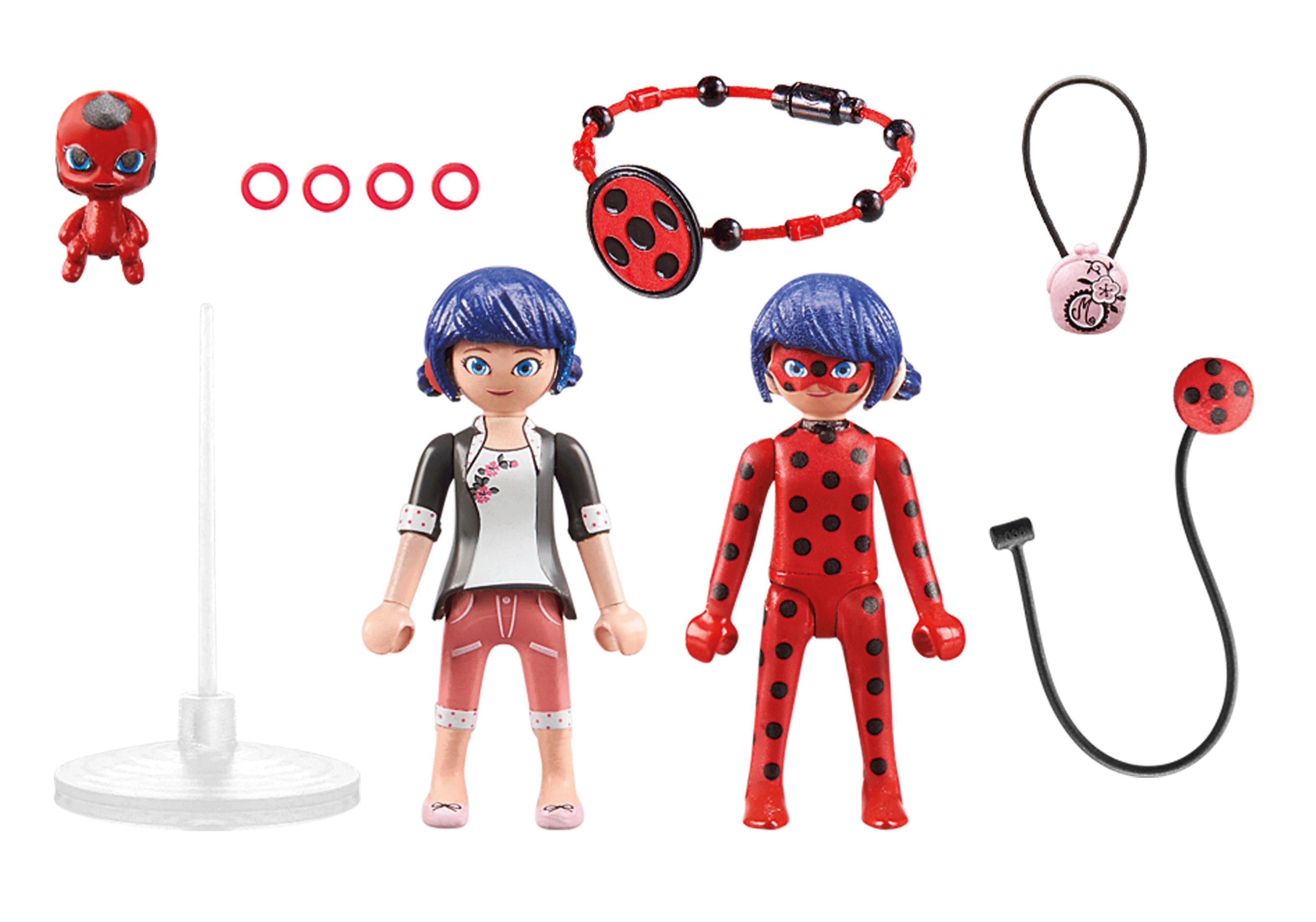 Personaggi e accessori di Miraculous Ladybug. Include Ladybug, Kwami e un braccialetto.