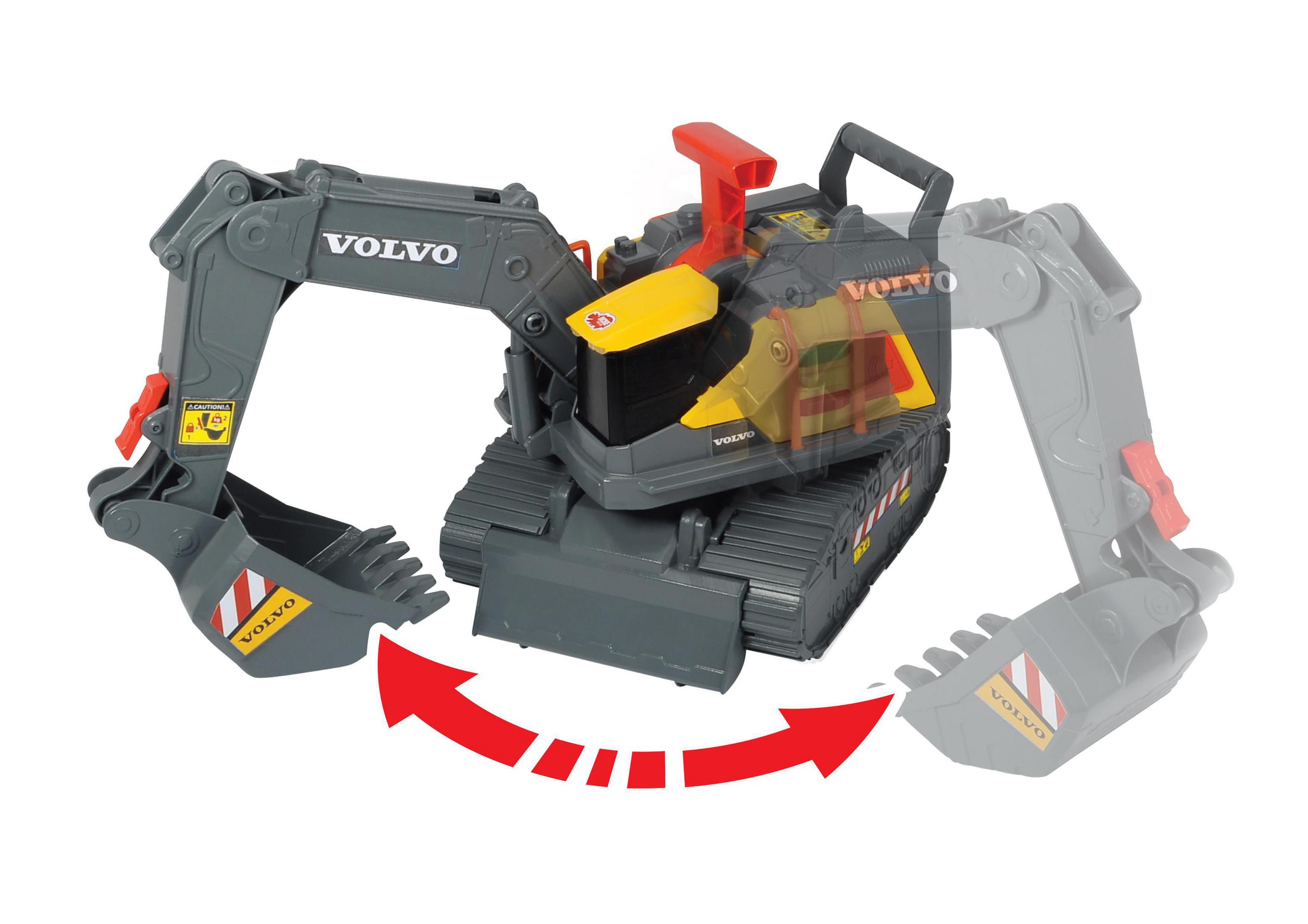 Szara zabawka koparka Volvo z ruchomymi ramionami i łyżką. Białe tło.