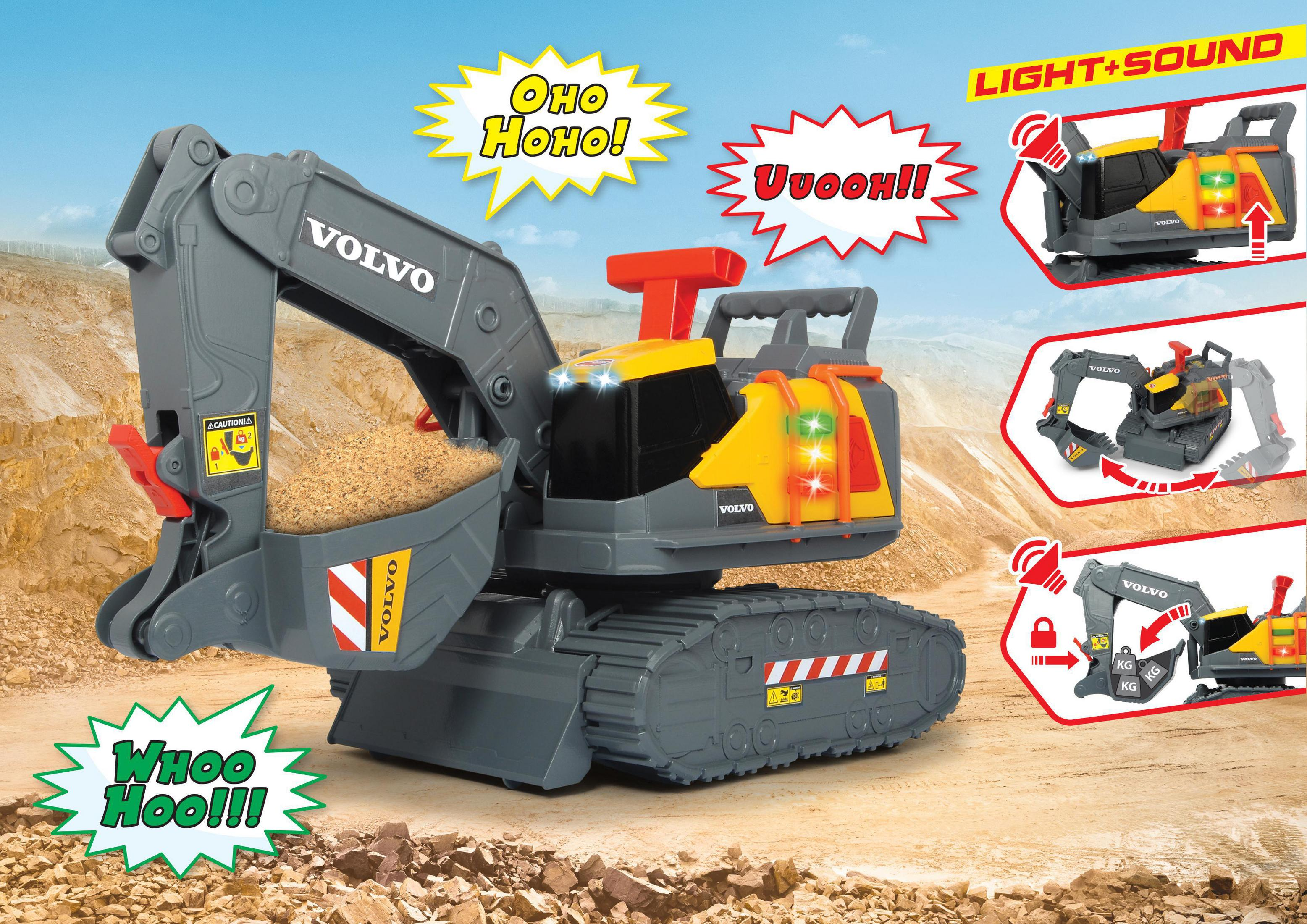 Zabawkowa koparka z efektami dźwiękowymi i dymkami na kolorowym tle.