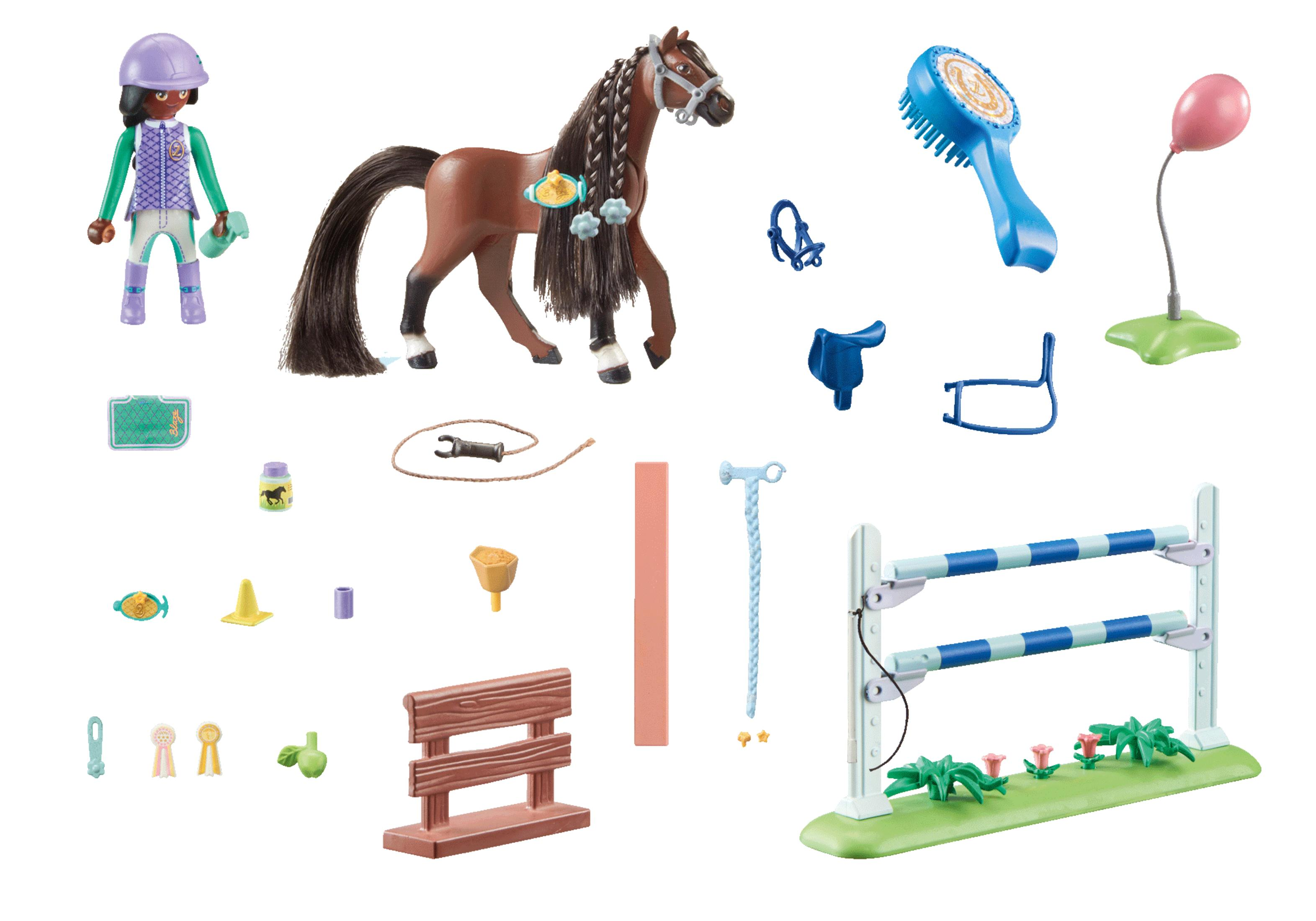 Cavallo giocattolo con accessori: cavaliere, salto, spazzola, sella, ecc.