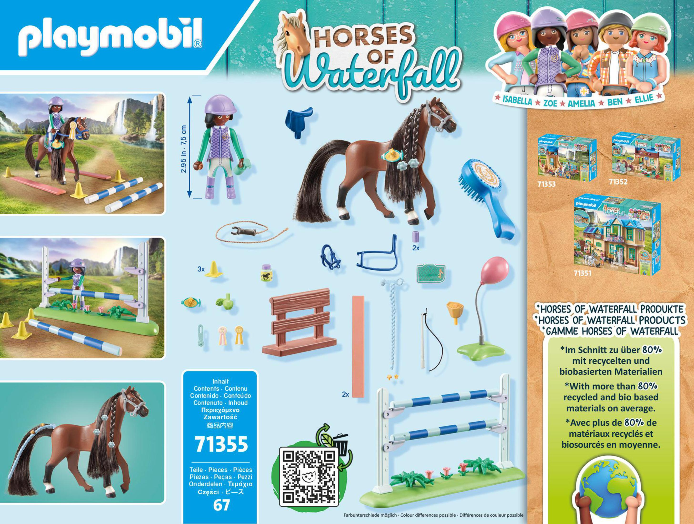 Set Playmobil Horses of Waterfall. Scatola con cavalli e accessori. Sfondo bianco.