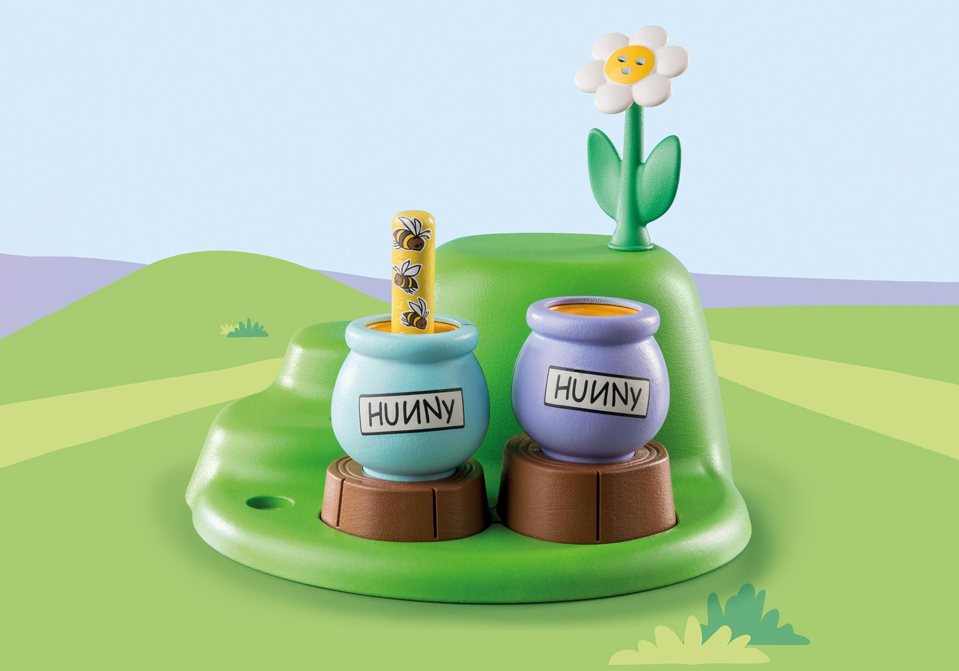 Playmobil Winnie the Pooh Set mit Honigtöpfen und Blume.