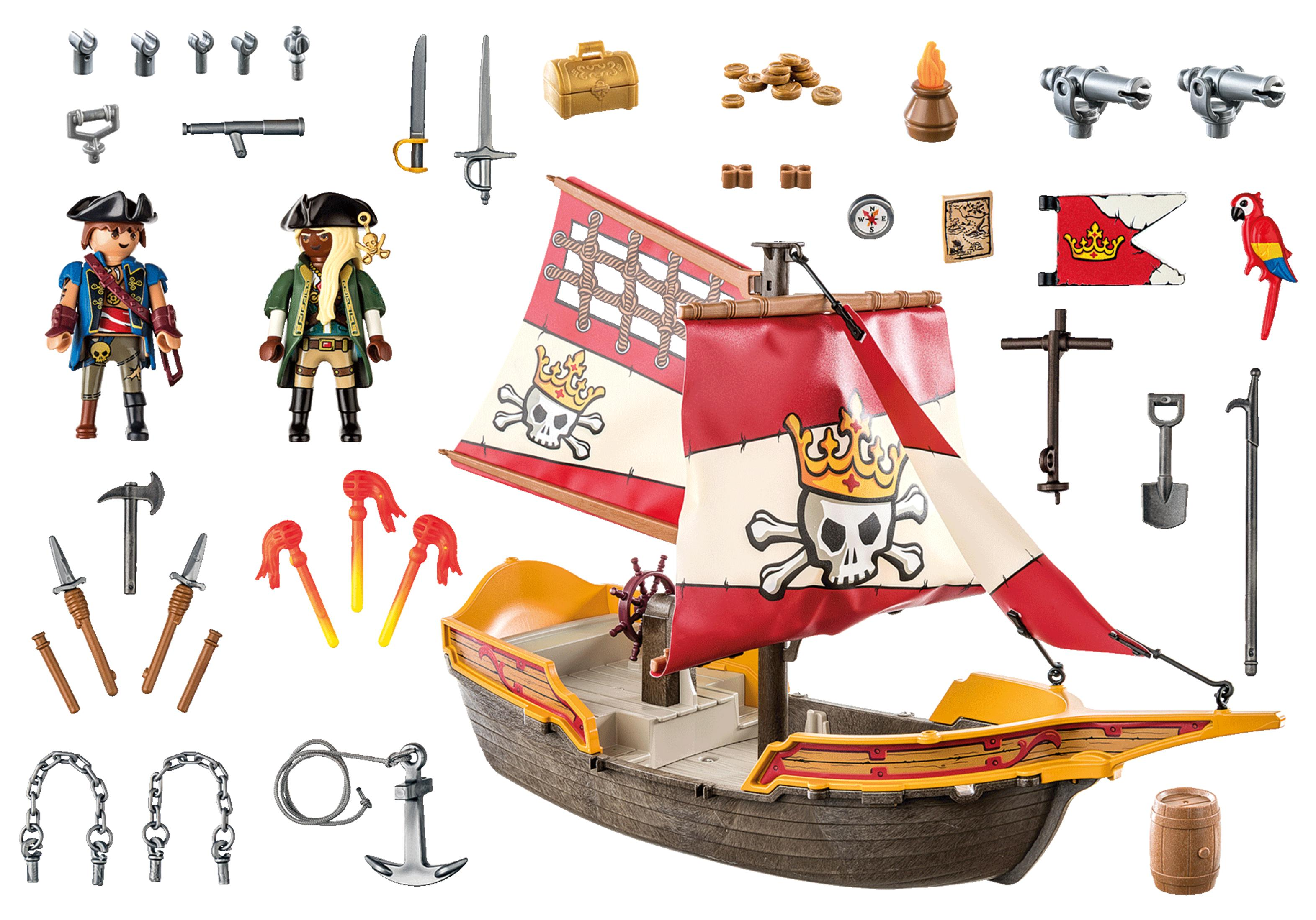 Set di gioco nave pirata con personaggi pirata, armi e accessori. Sfondo bianco.