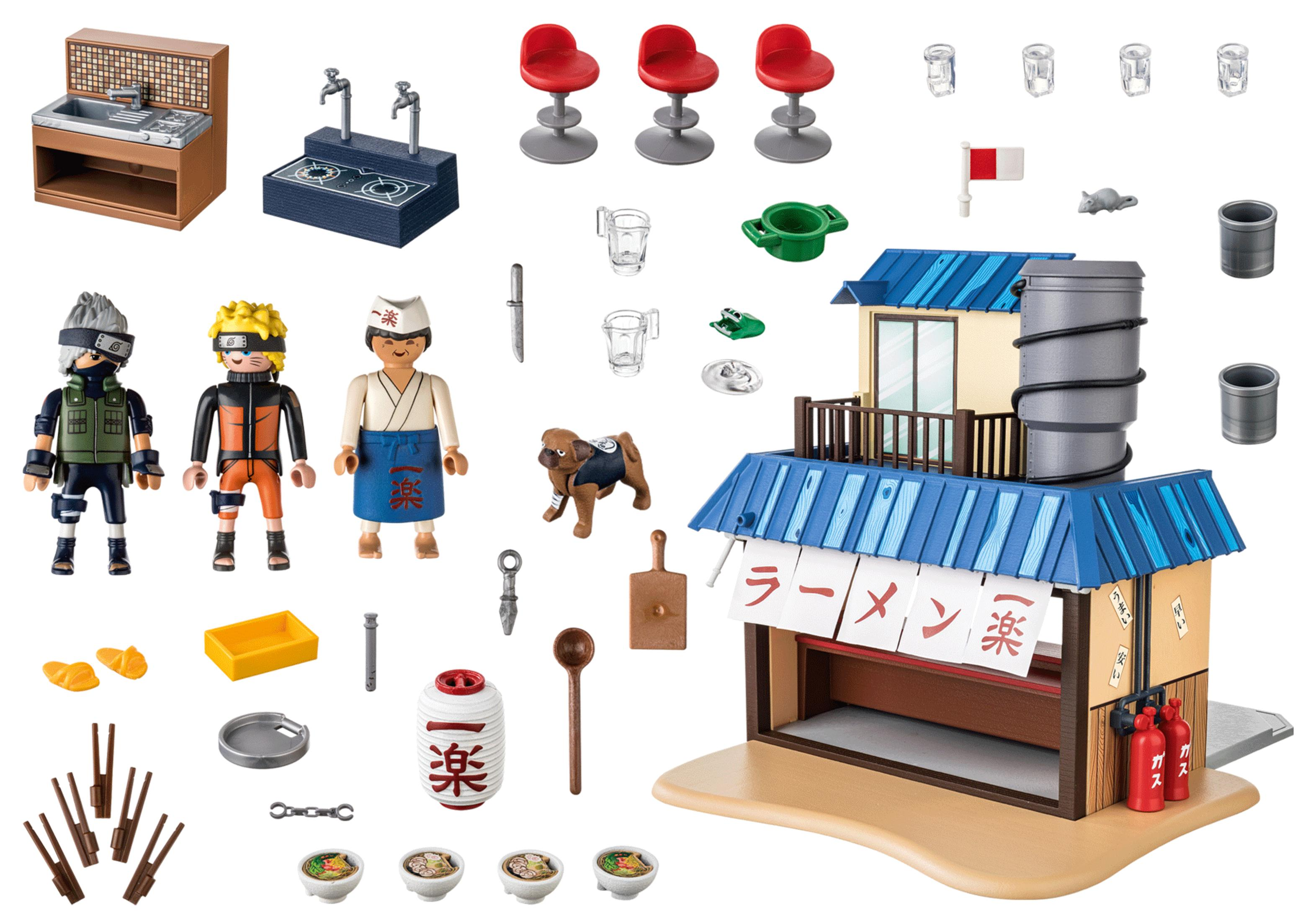 Zestaw Playmobil Naruto ramen shop. Figurki, sklep, jedzenie i akcesoria. Białe tło. Japoński tekst.