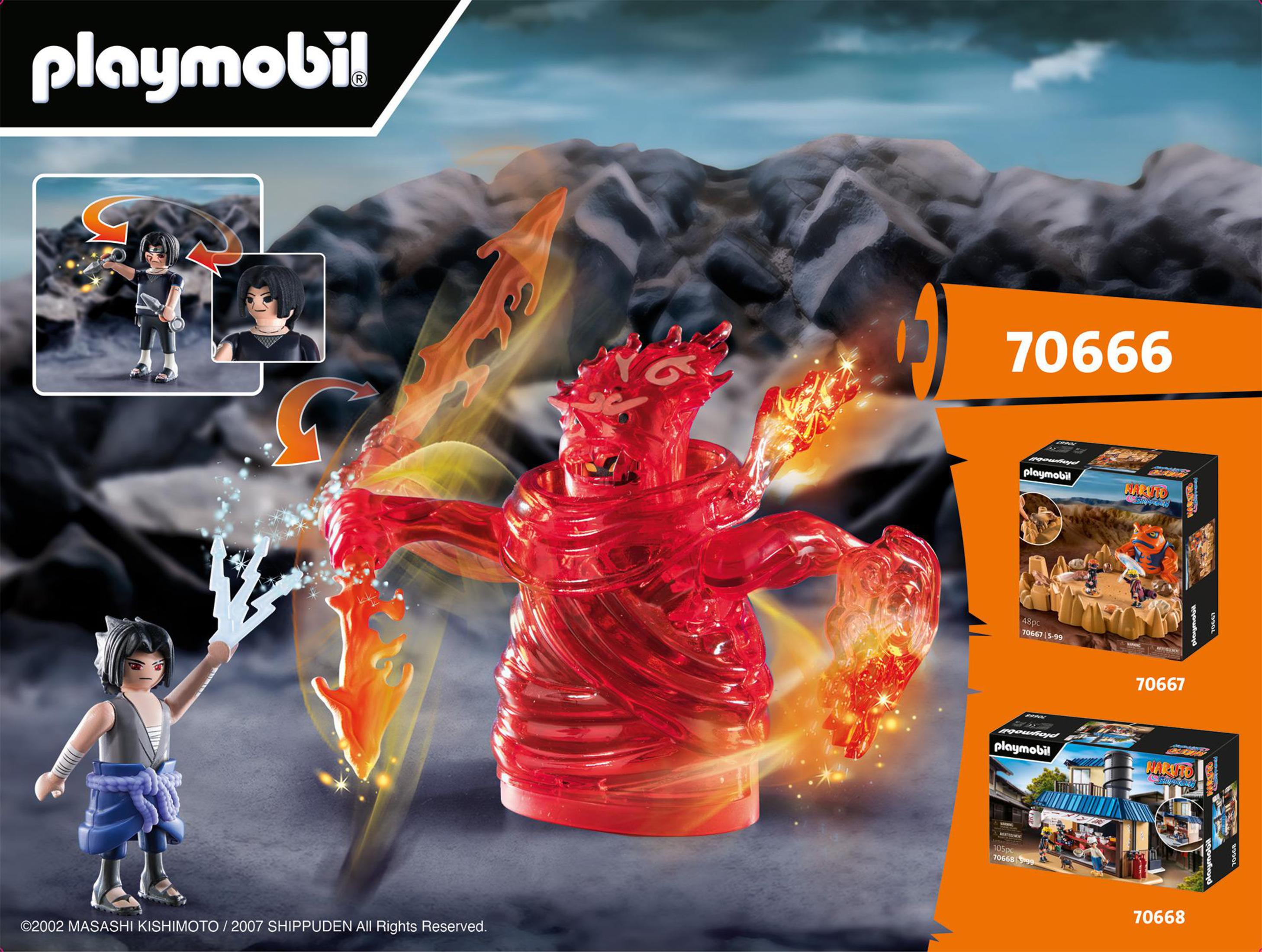 Zestaw Playmobil z dwiema figurkami, płomieniami i dużą czerwoną figurą. Zawiera pudełka.