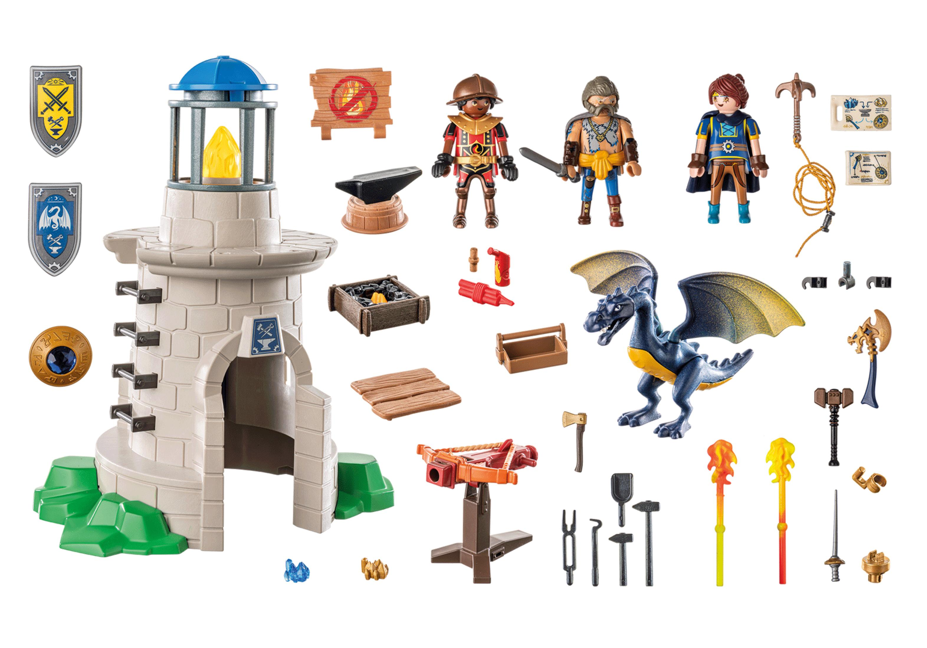 Un ensemble de forteresse jouet avec des figurines, un dragon, des armes et divers autres accessoires.