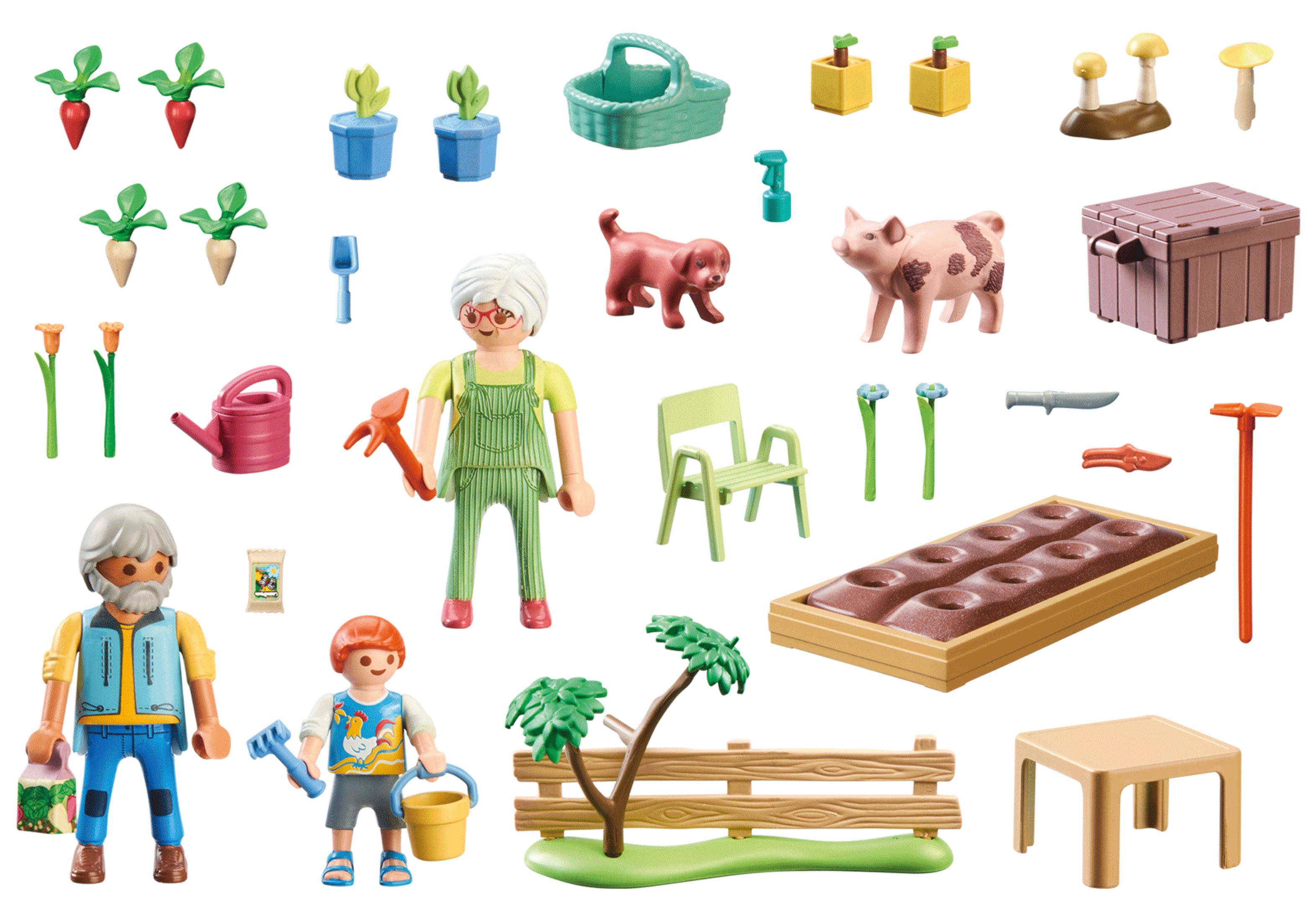 Un set di attrezzi e figure da giardinaggio giocattolo, tra cui un contadino, suo figlio, piante e varie forniture da giardinaggio.