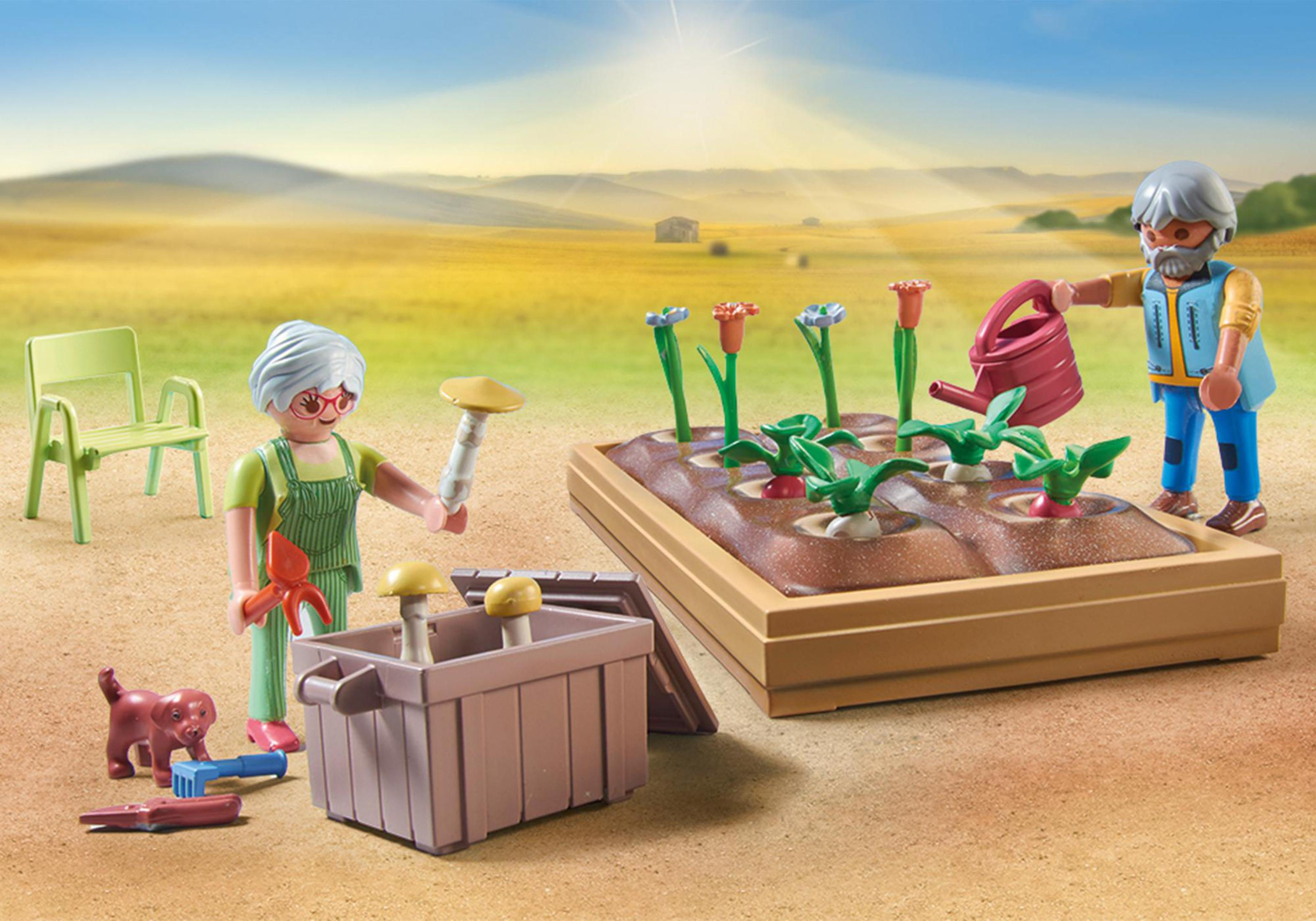 Due personaggi Playmobil che giardinano con un cane e verdure sullo sfondo.
