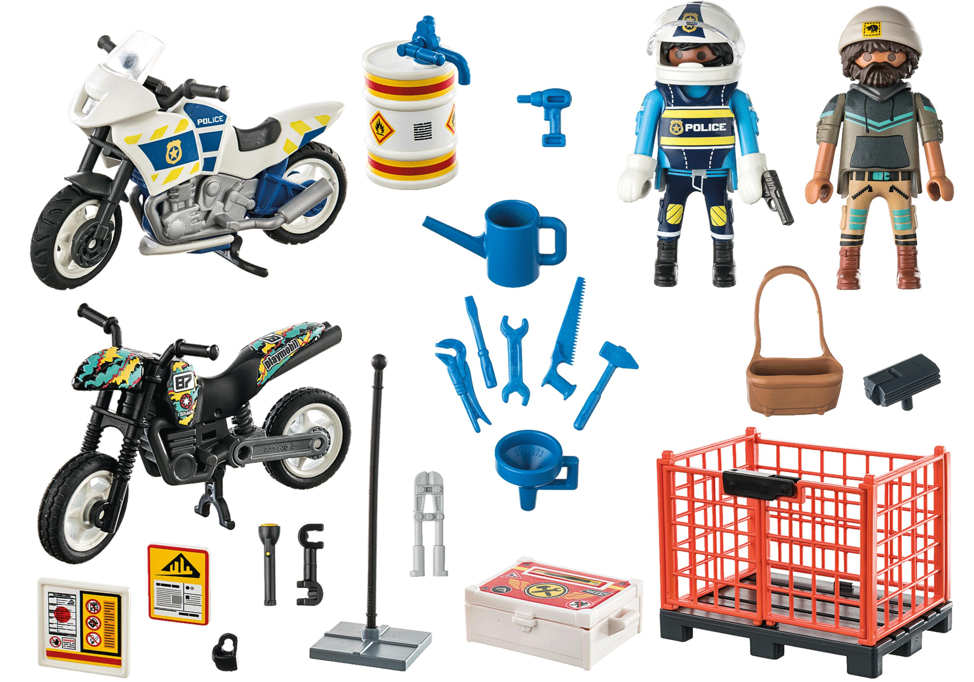 Eine Sammlung von Spielzeug-Polizei- und Biker-Zubehör, darunter Motorräder, Werkzeuge und Figuren.