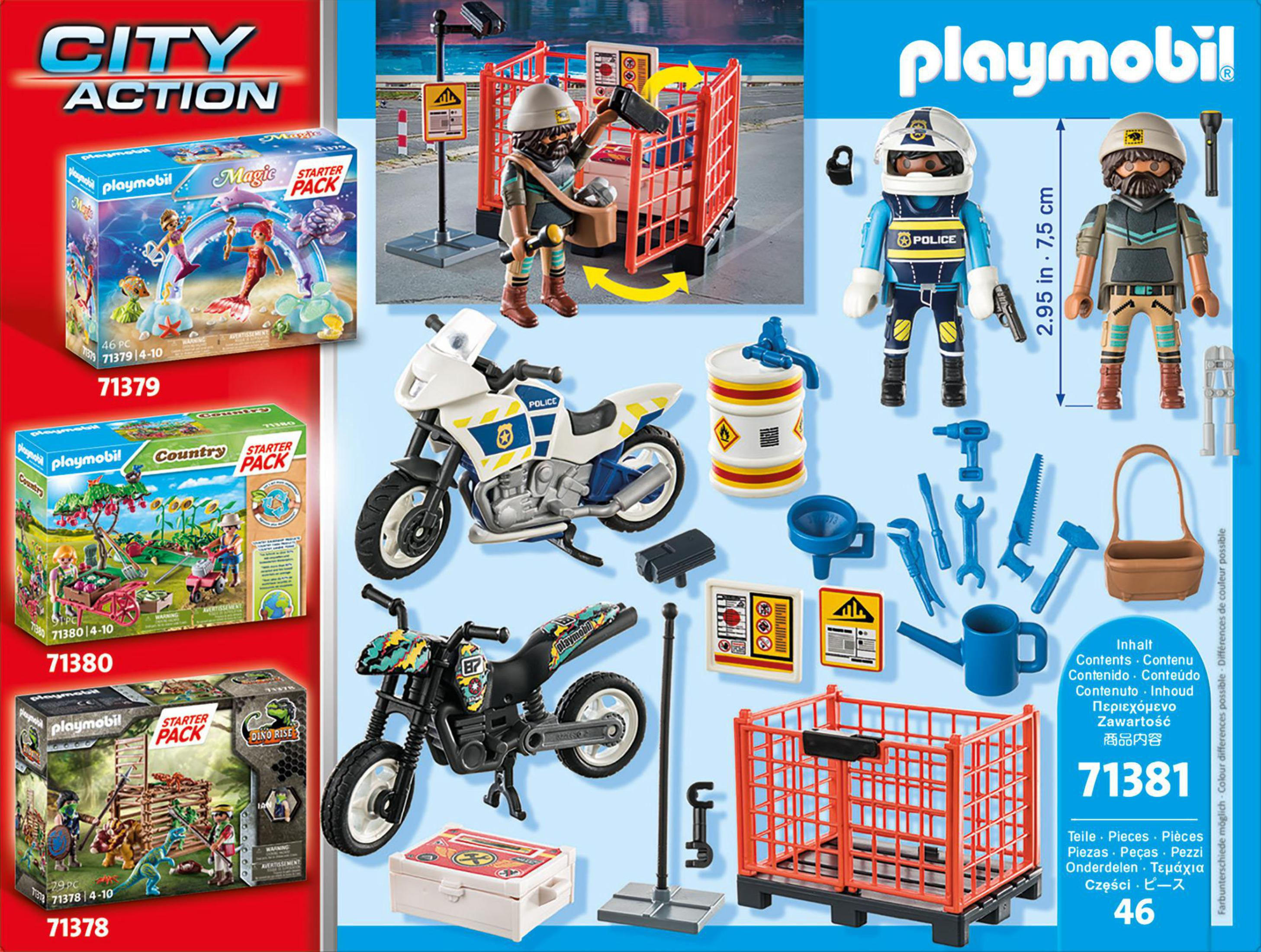 Playmobil City Action Set mit Polizei, Motorrädern, Werkzeugen und einer Baustellenszene auf weißem Grund.