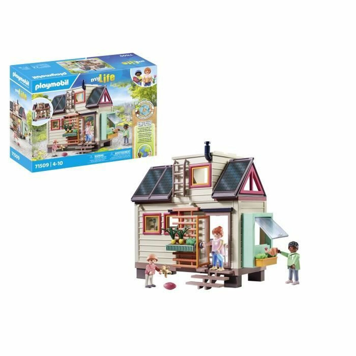 Playmobil Spielzeughaus-Set mit Figuren und Box, Szene im Freien.