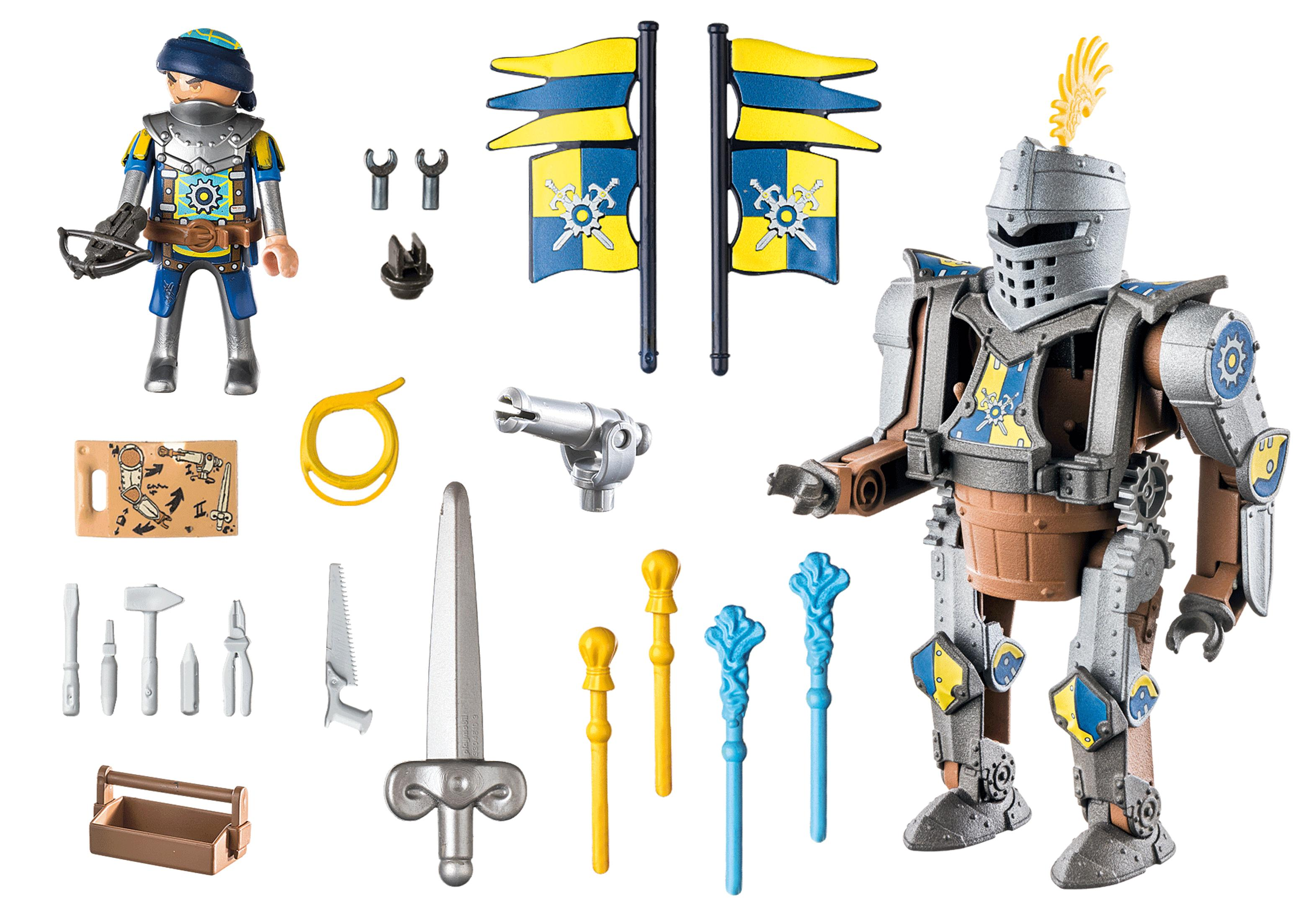 Ein Playmobil-Rittersatz mit Figuren und Zubehör. Enthält einen Ritter, eine Armbrust und Werkzeuge.