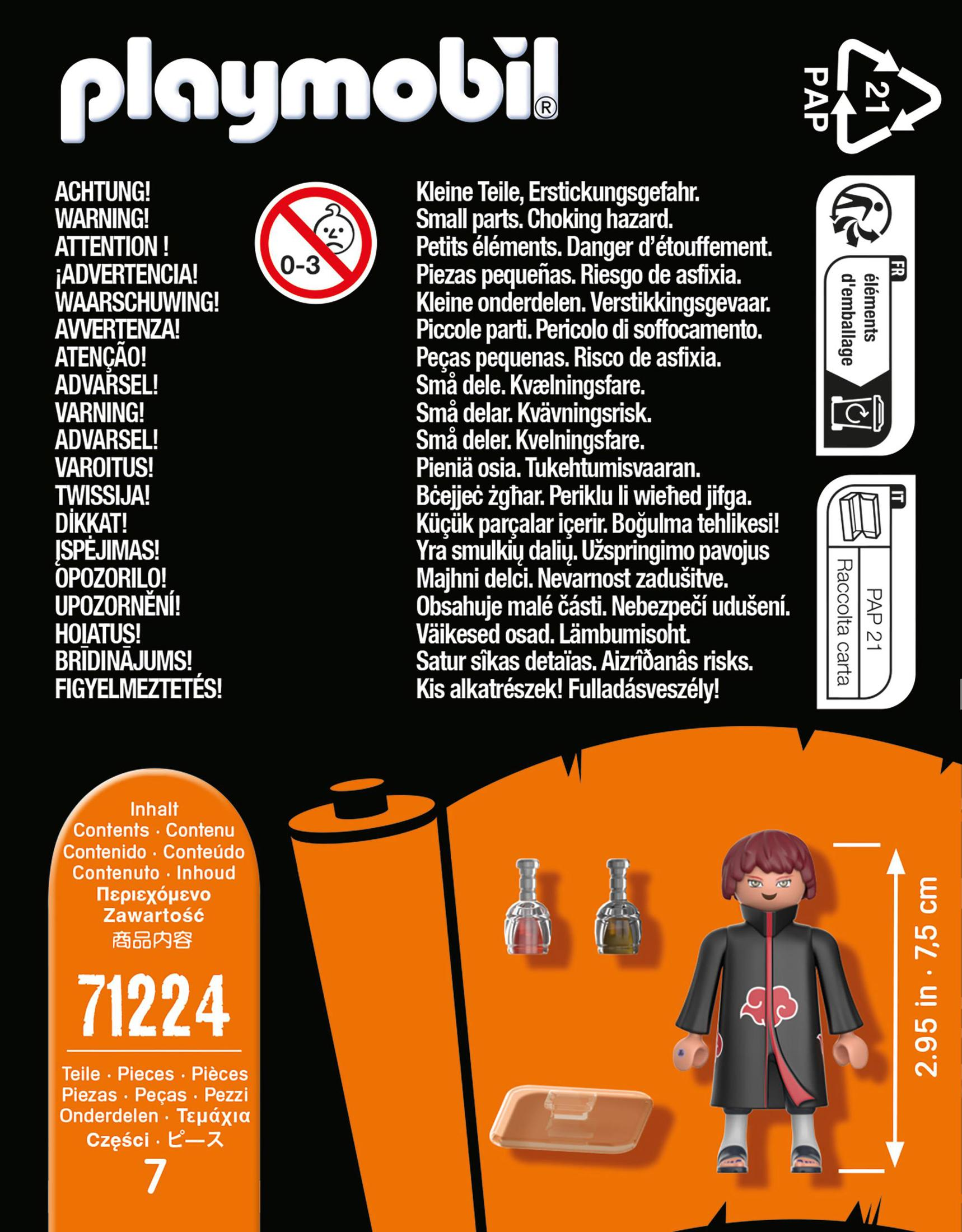 Pudełko Playmobil z figurką, akcesoriami i ostrzeżeniami w wielu językach.