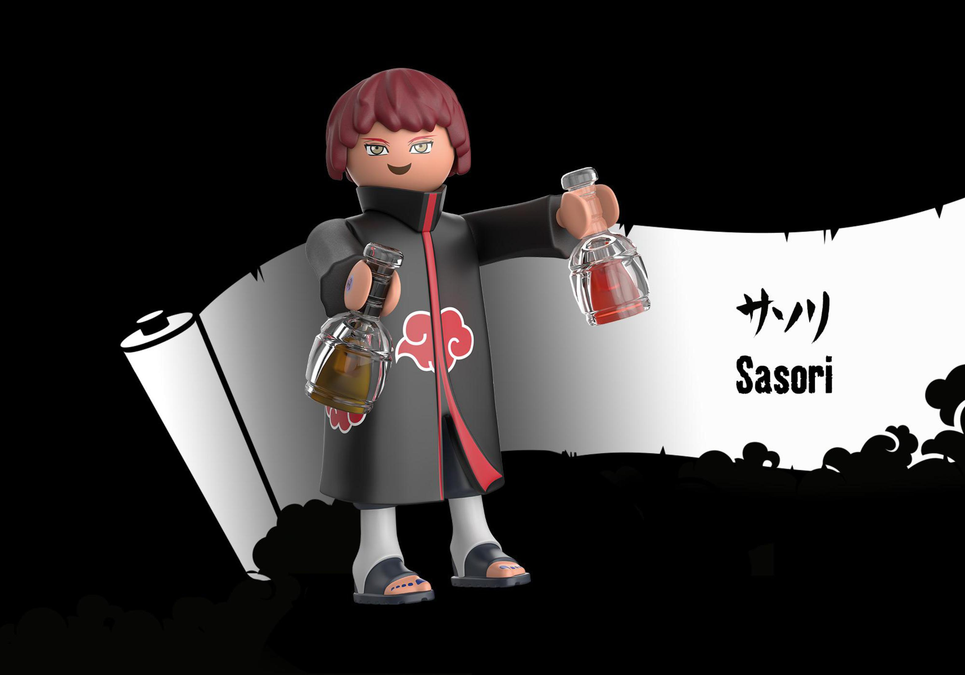 Figurka Playmobil Sasori trzymająca dwa słoiki na czarno-białym tle.