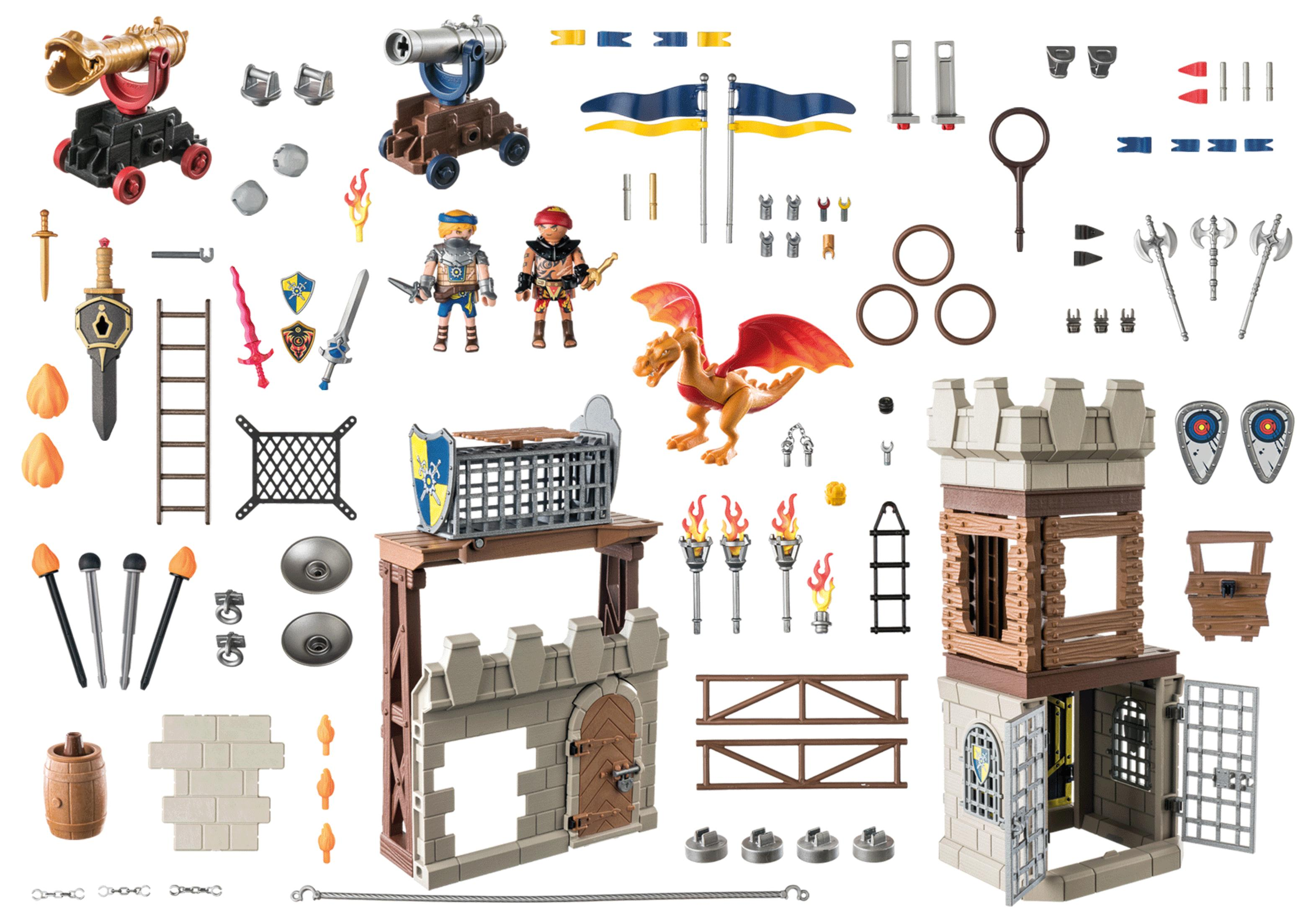 Ein Set aus Spielzeug-Burgteilen, darunter eine Kanone, Soldaten, ein Drache und diverses Zubehör.
