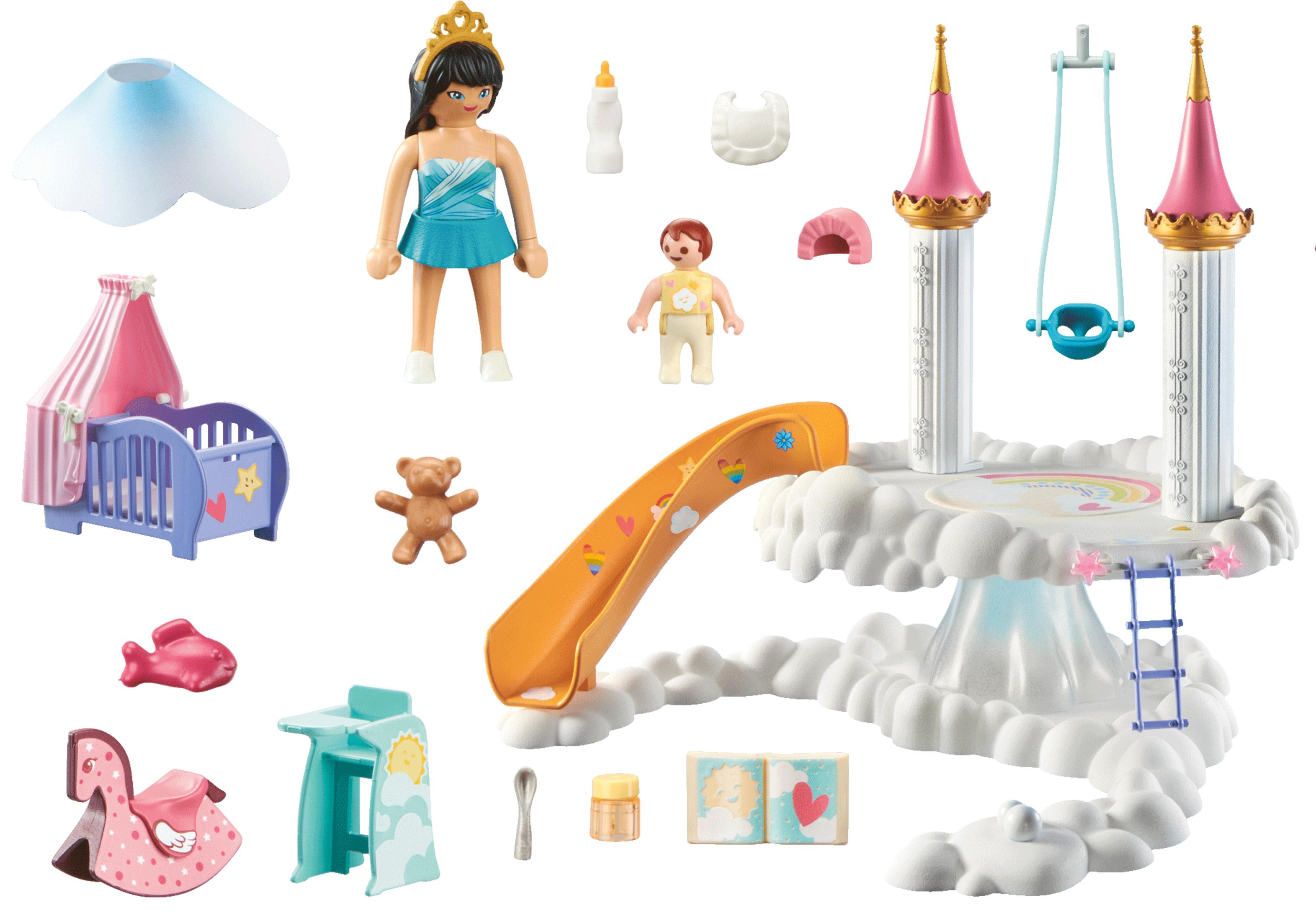 Una principessa, un bambino, una culla, uno scivolo, un'altalena, un orsacchiotto e altri giocattoli.