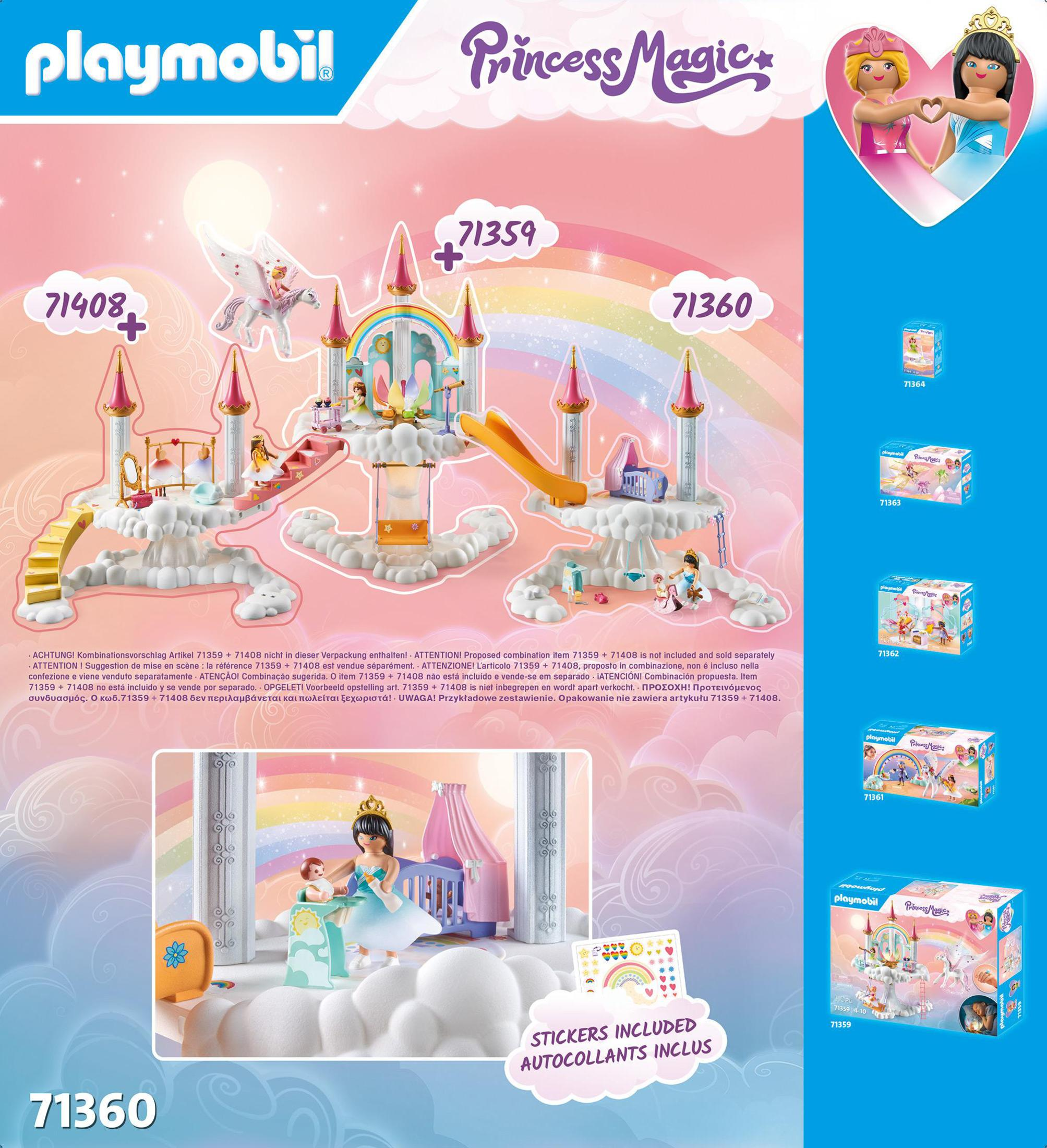 Set Playmobil Princess Magic con un castello, figure di principesse e adesivi, con un arcobaleno.