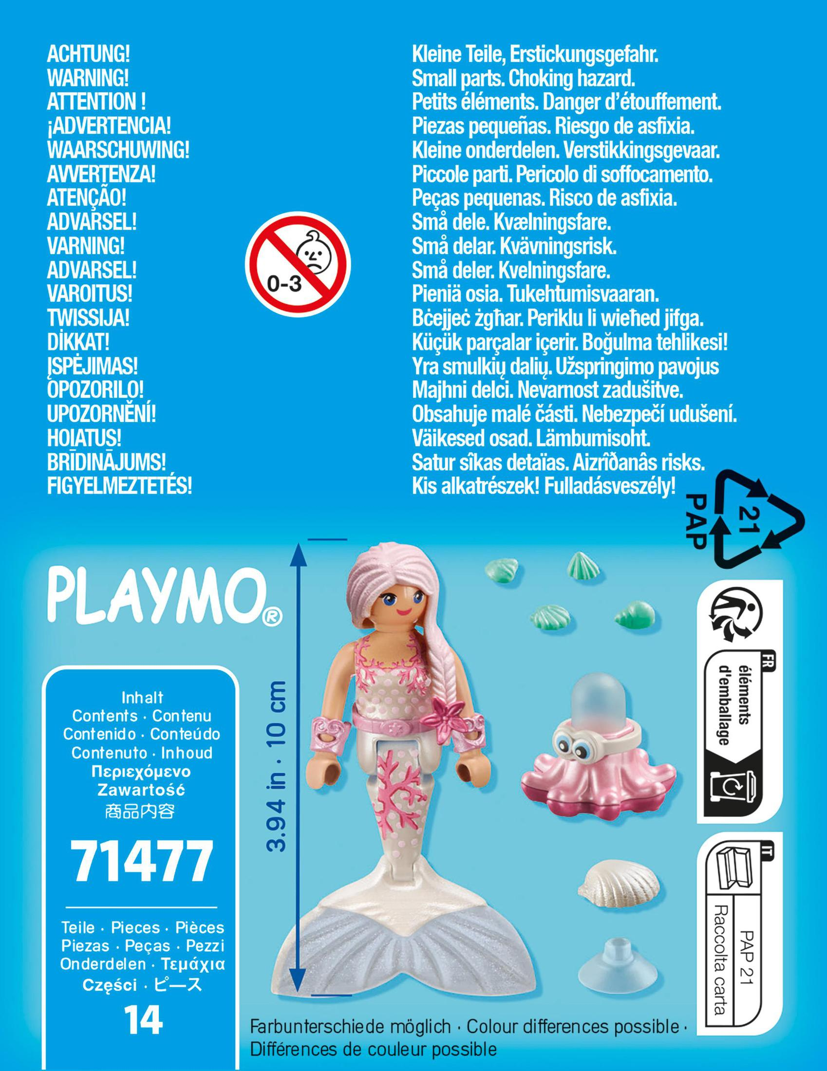 Playmobil Meerjungfrau Figur mit einem rosa Oktopus und Muscheln, mit einem Warnhinweis.