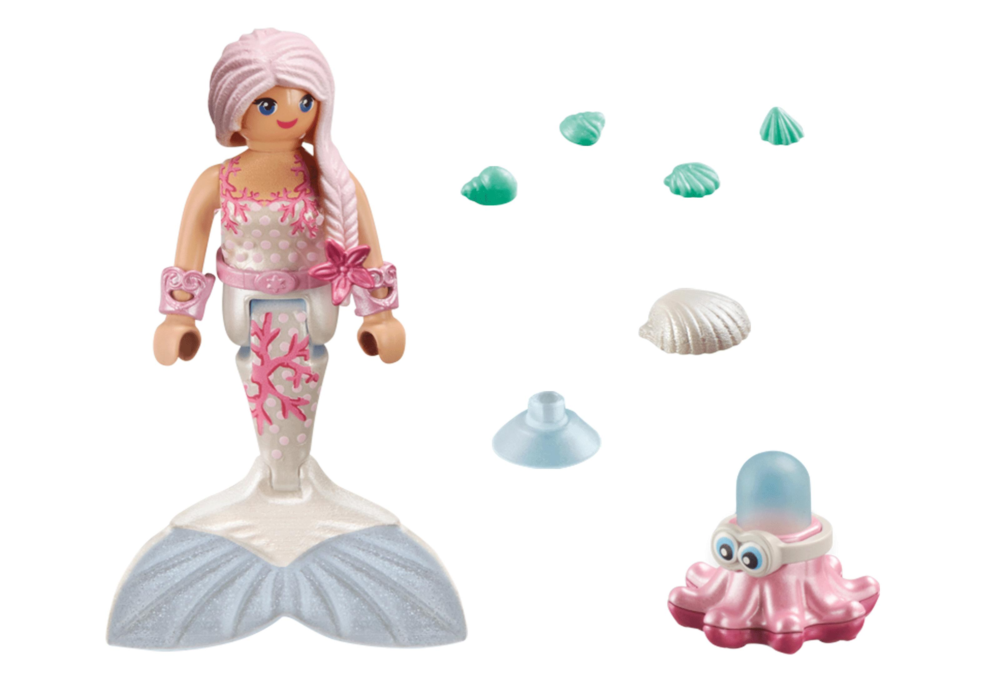 Eine Playmobil-Meerjungfrau-Figur mit Zubehör, darunter Muscheln und ein rosa Oktopus.