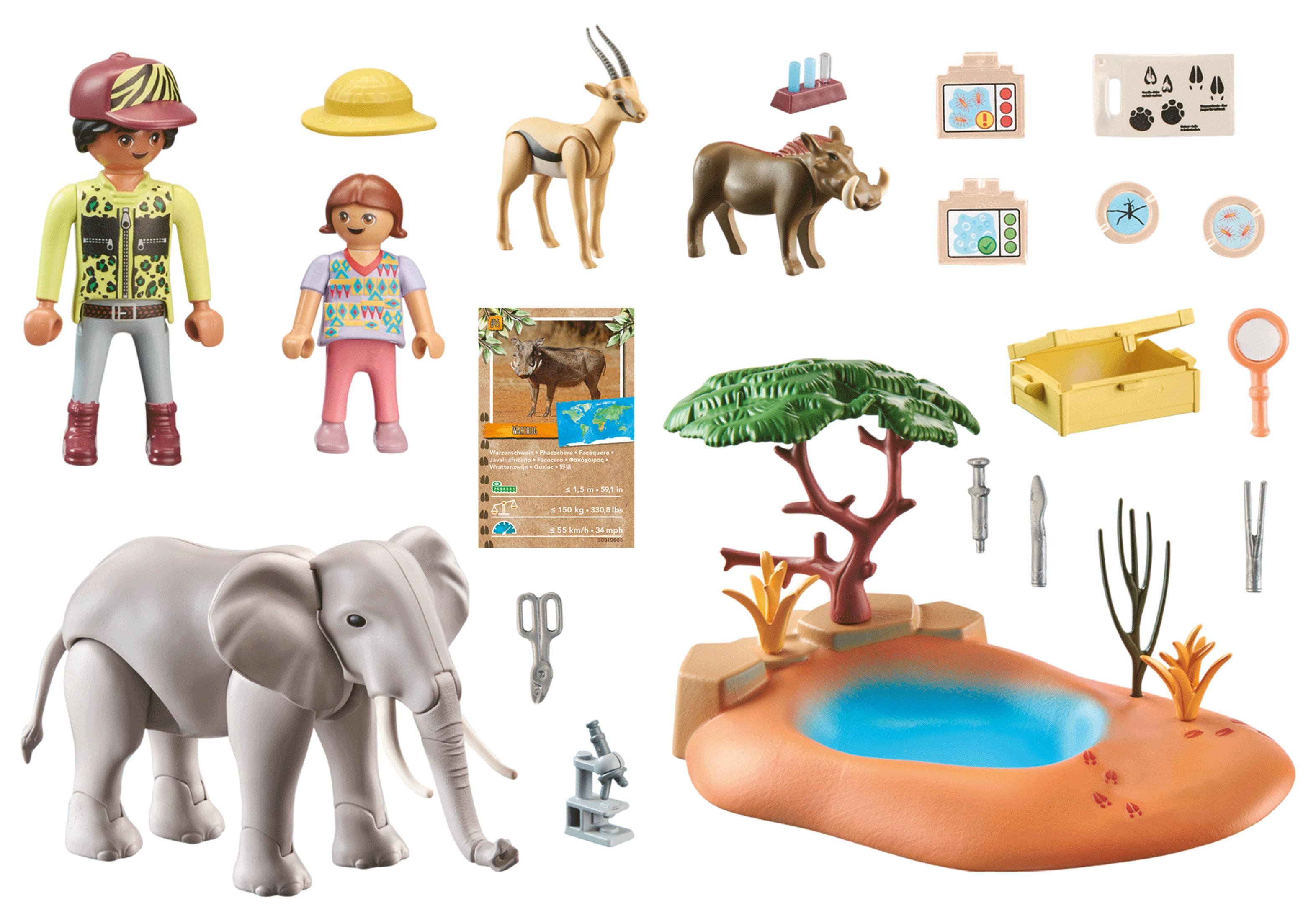 Spielzeug-Safari-Set mit zwei Figuren, Tieren und Ausrüstung. Enthält einen Elefanten und eine Safari-Szene.