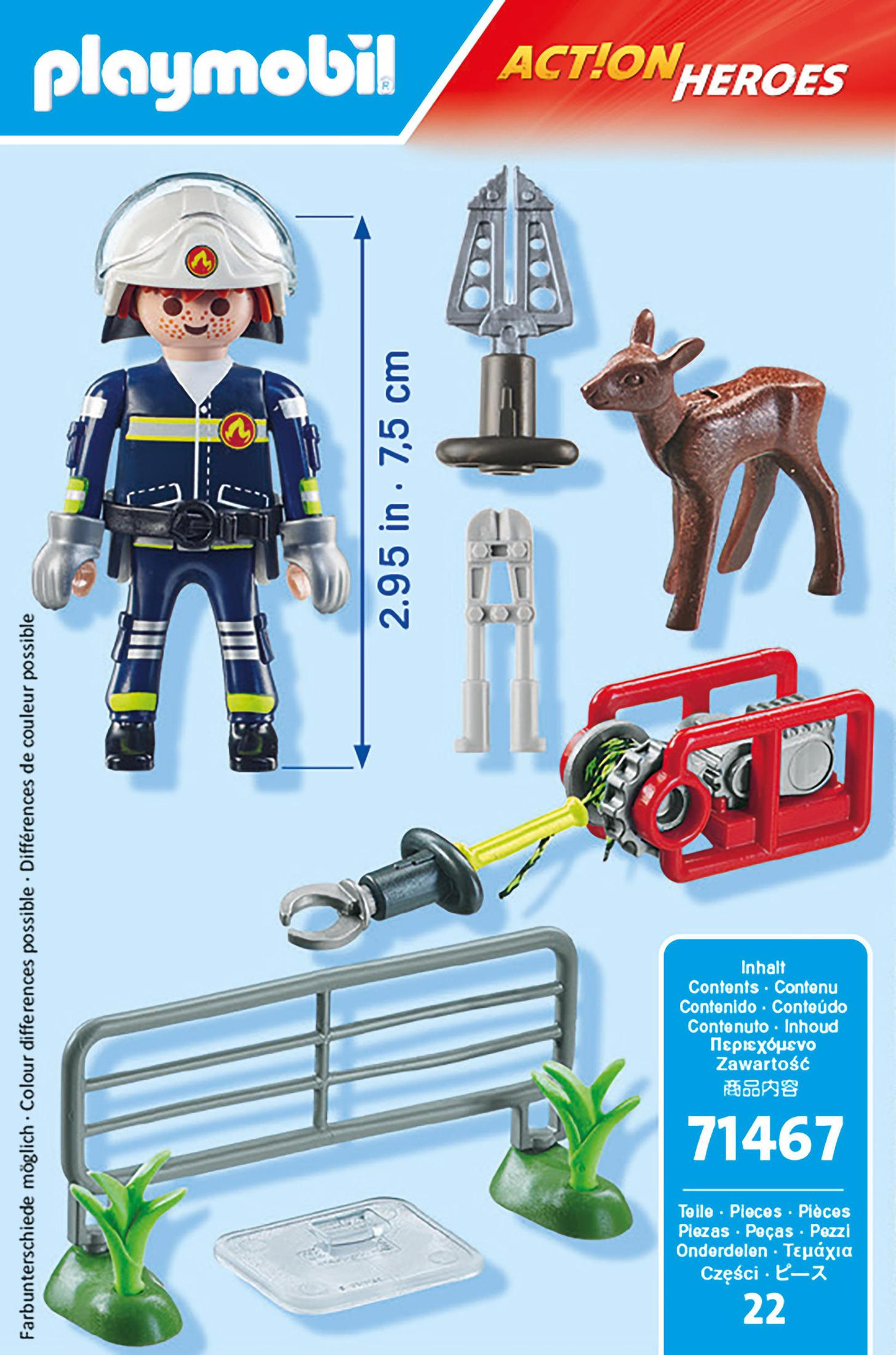 Feuerwehrmann Spielzeug mit Ausrüstung und Tierfiguren. Blauer und weißer Hintergrund.