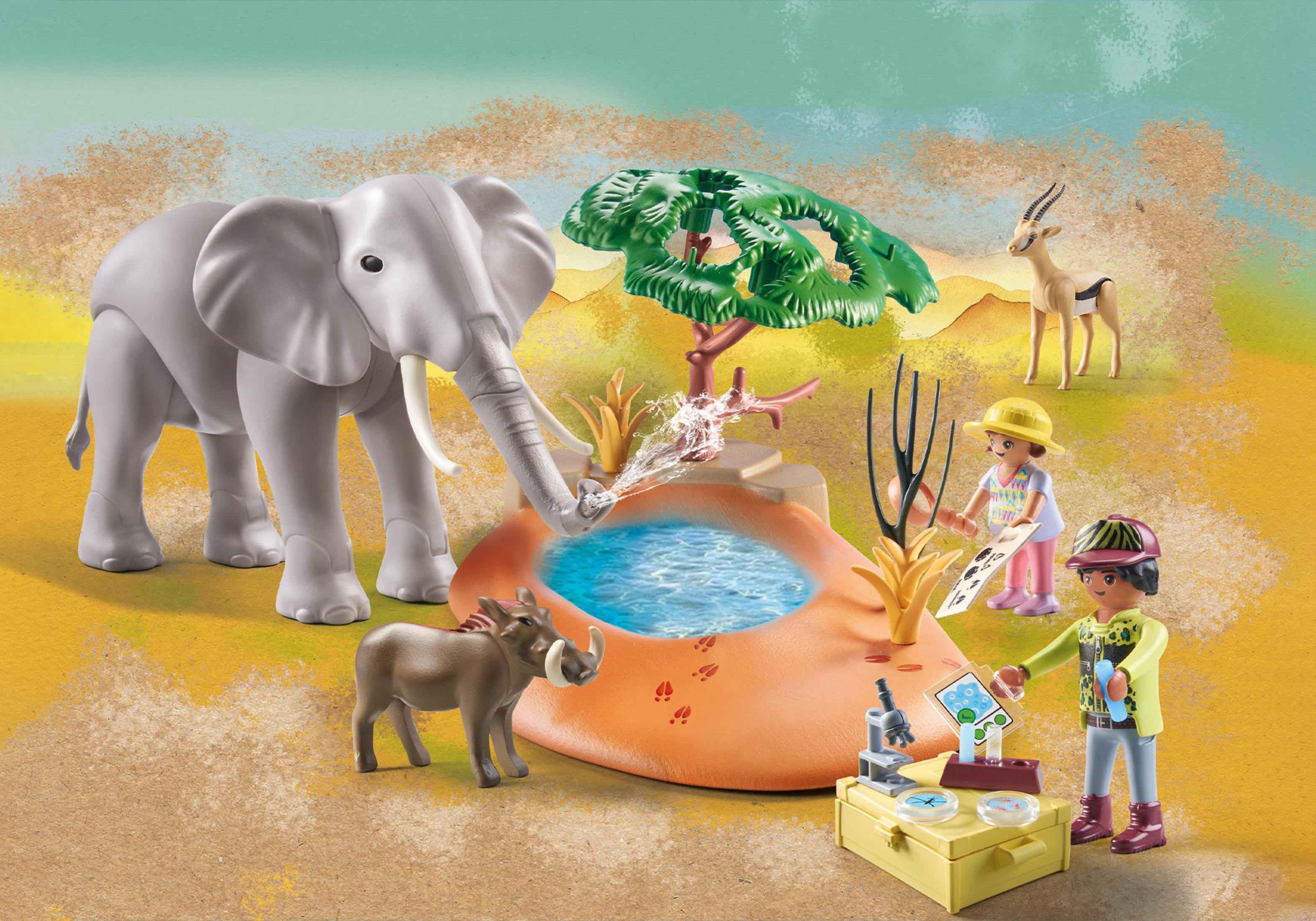 Ein Playmobil-Set mit einem Elefanten, einem Nashorn und zwei Personen.