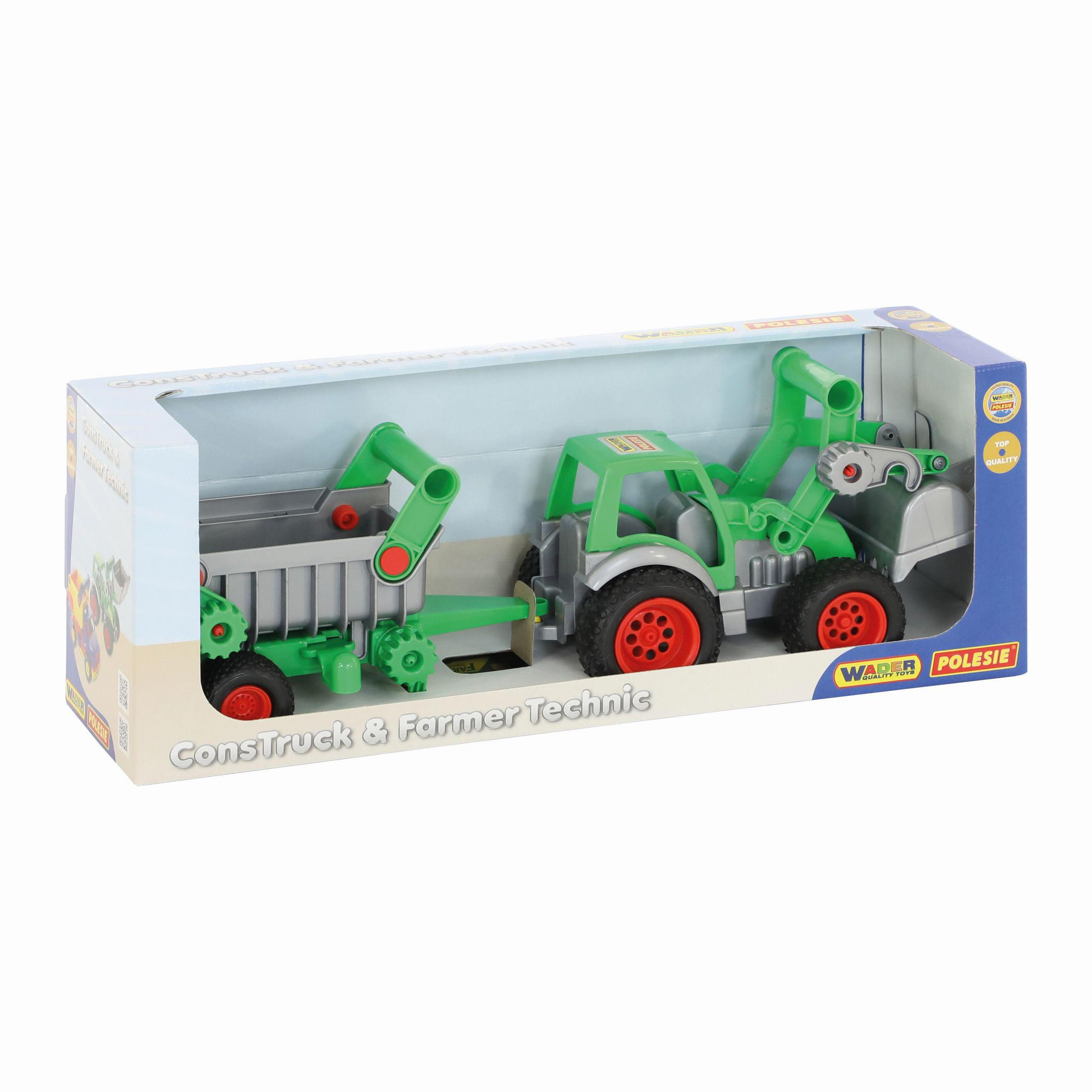 Ein Spielzeug-Konstruktionsset mit einem LKW, einem Anhänger und einem Traktor.