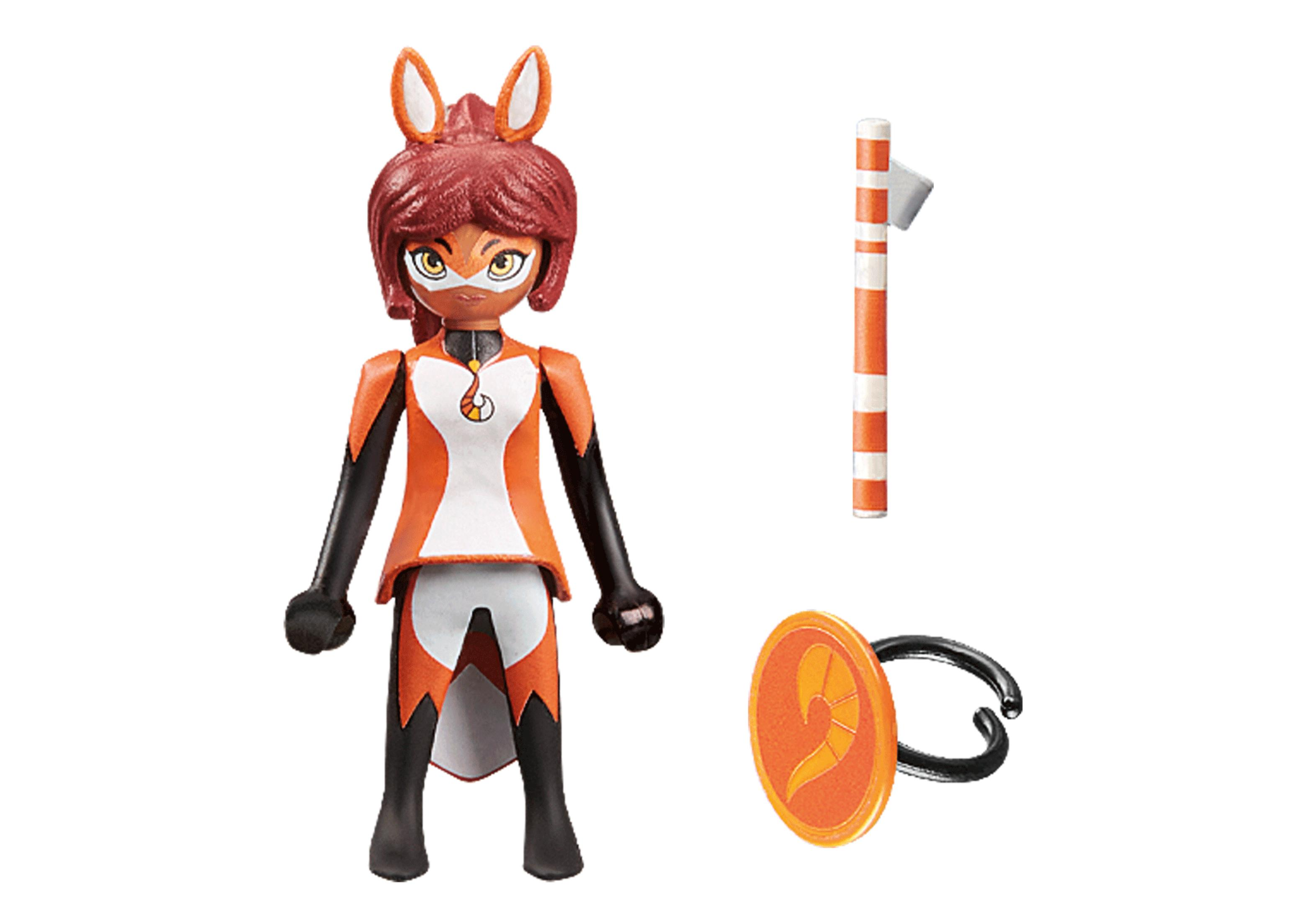Figura di ragazza volpe Playmobil con orecchie da volpe, un anello e un bastone, su sfondo bianco.