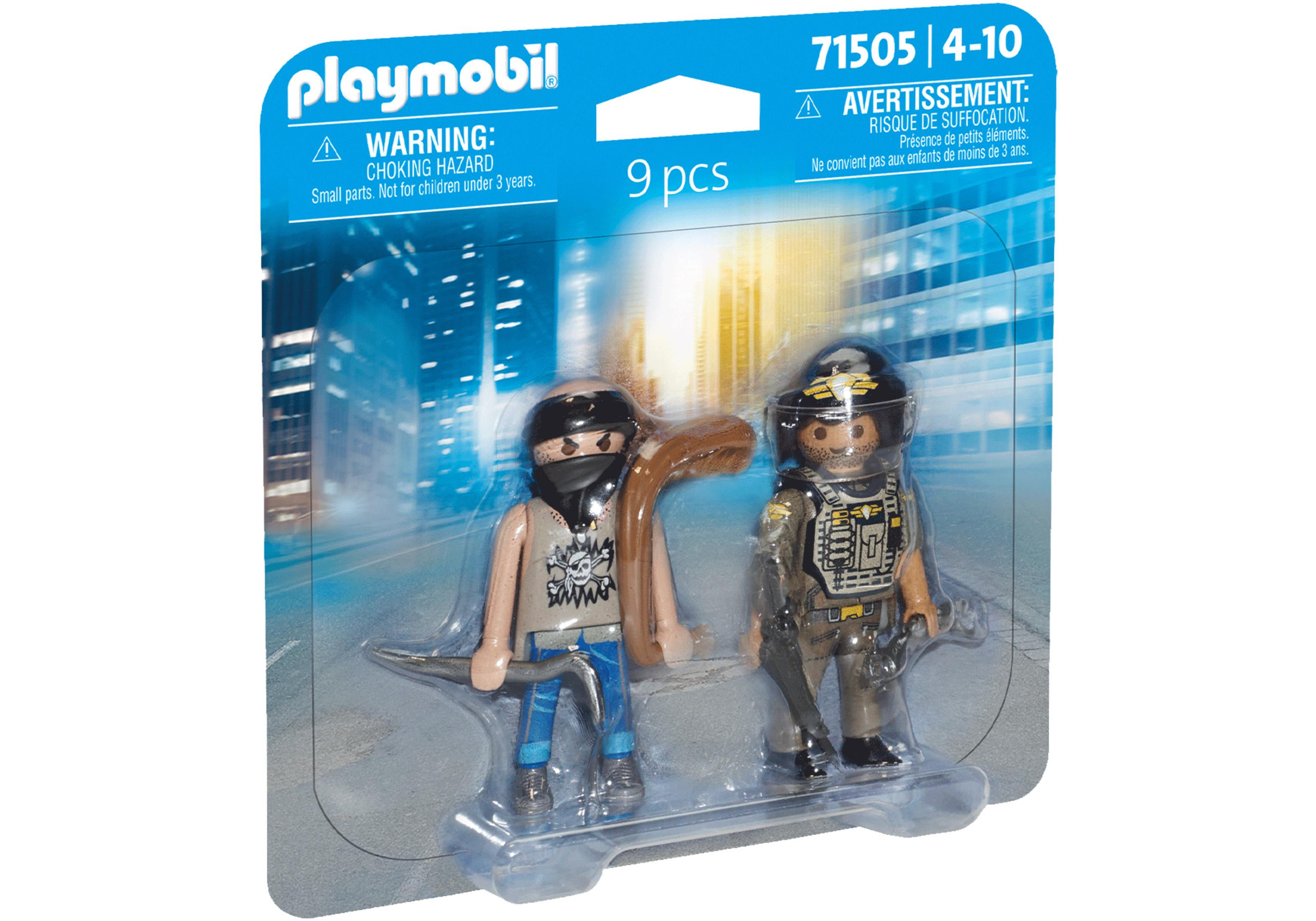 Playmobil Spielset mit zwei Figuren. Eine Figur trägt eine Maske und hält eine Waffe.