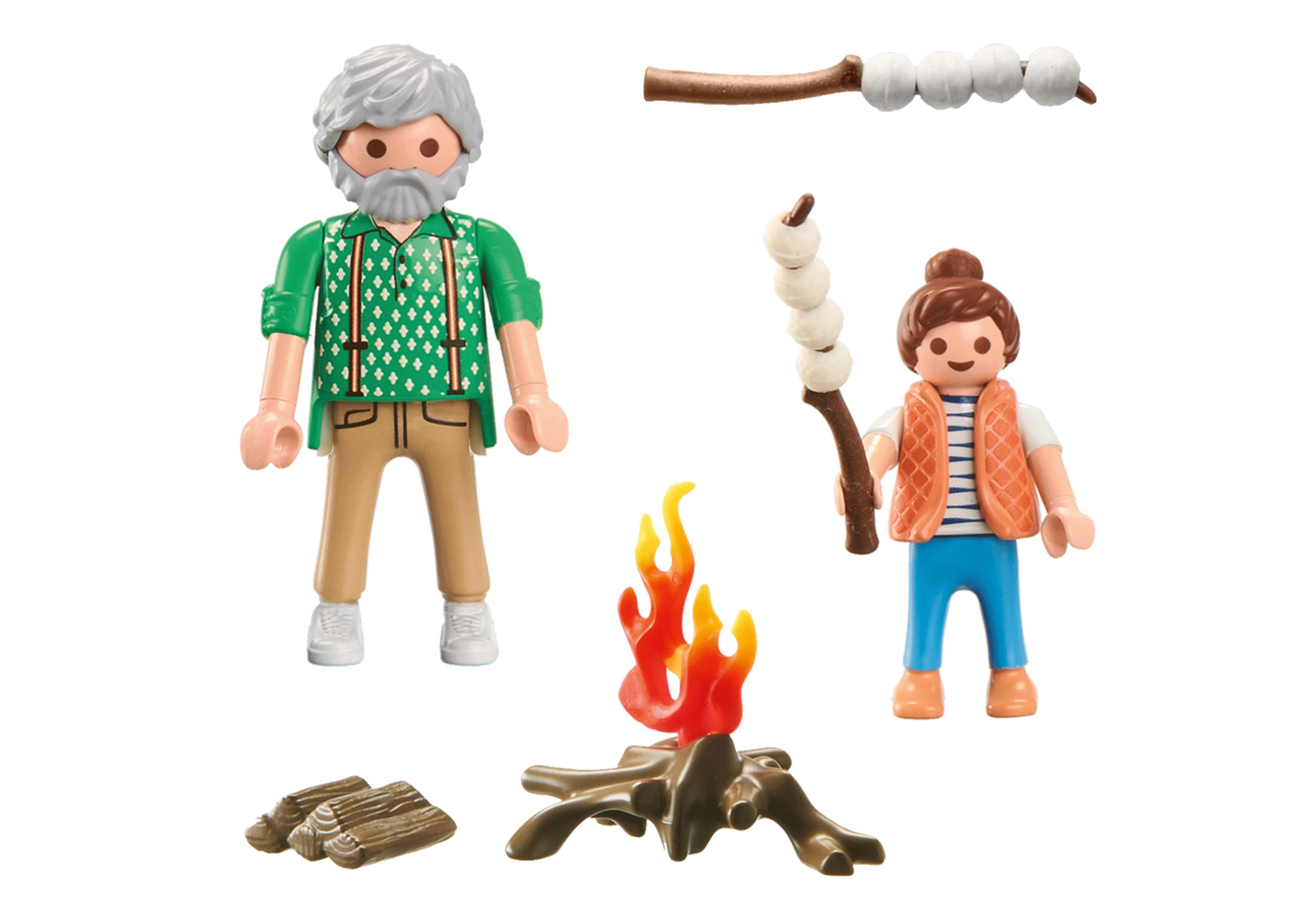 Zwei Figuren in der Nähe eines Lagerfeuers mit Marshmallows an Stöcken. Holzscheite und Feuer sind ebenfalls zu sehen.