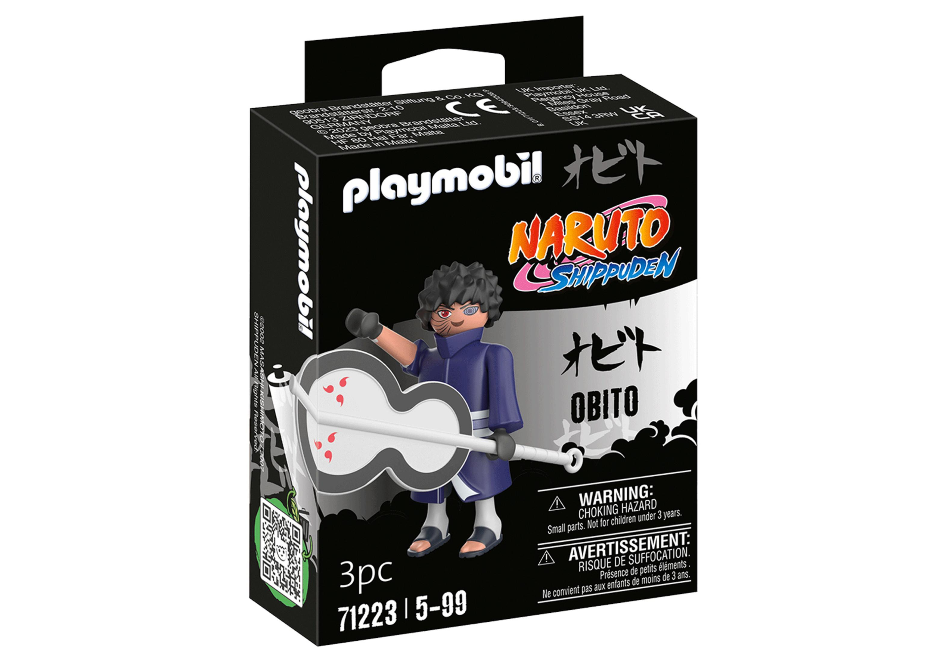 Una scatola Playmobil mostra la figura di Obito da Naruto Shippuden che tiene un'arma.