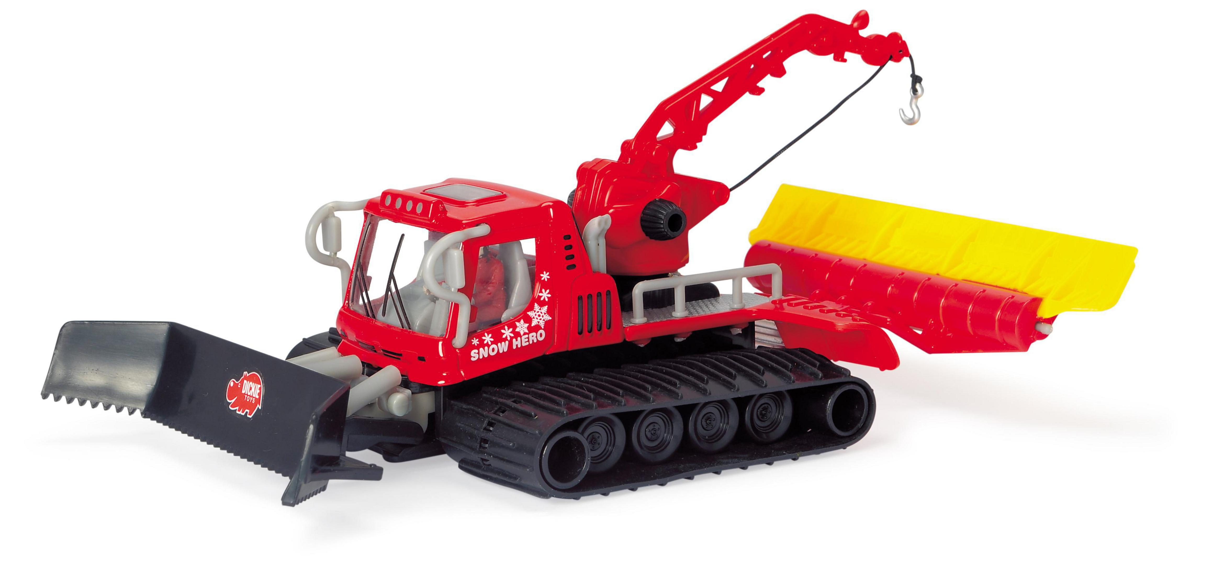 Rotes und schwarzes Pistenraupenspielzeug mit Frontpflug und Kran.
