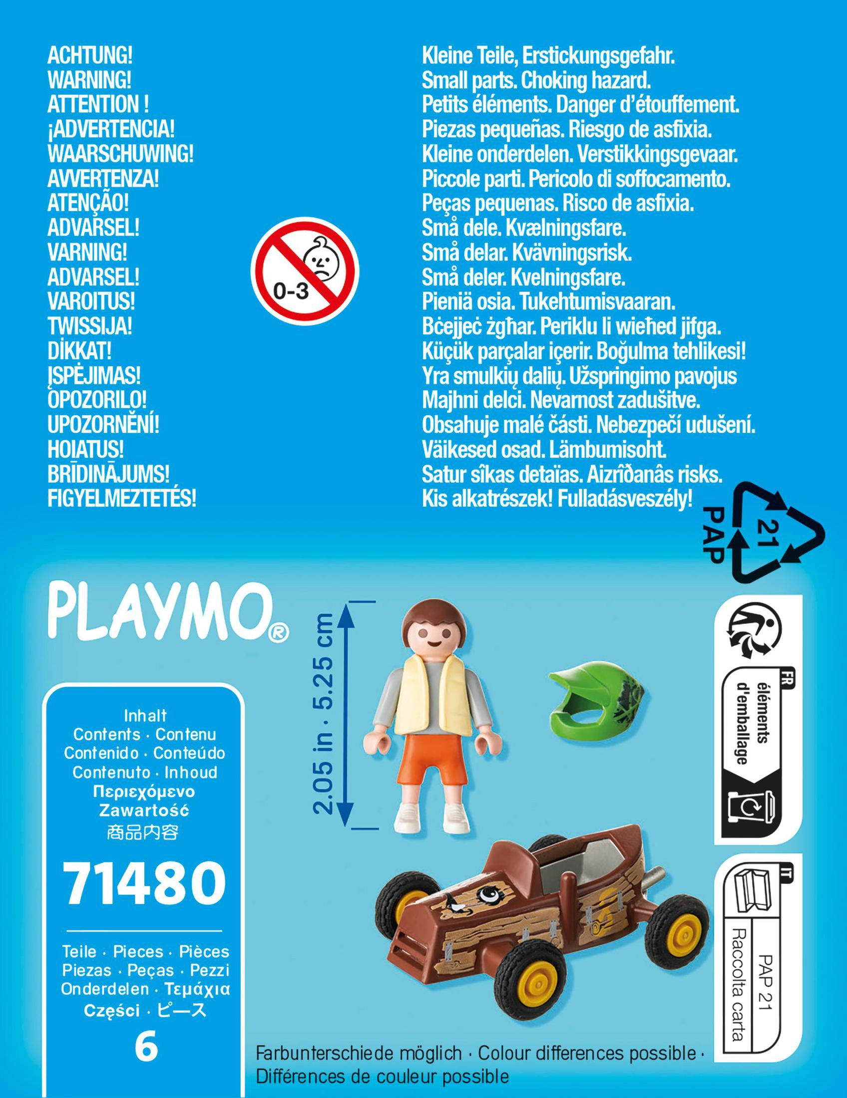 Verpackung mit einer Figur, einem Spielzeugauto und Sicherheitshinweisen. Ein weißer Hintergrund.