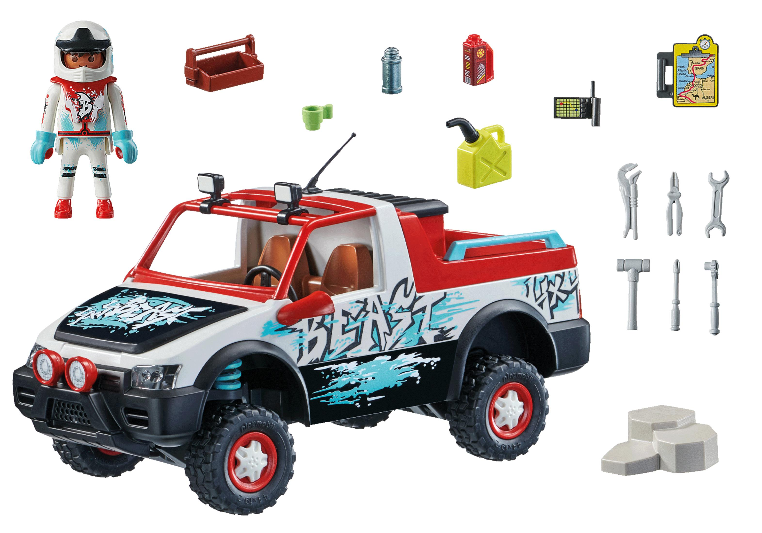 Ein Spielzeug-Pick-up mit Graffiti, einer Figur und Werkzeugen, das ein Offroad-Abenteuer-Set darstellt.